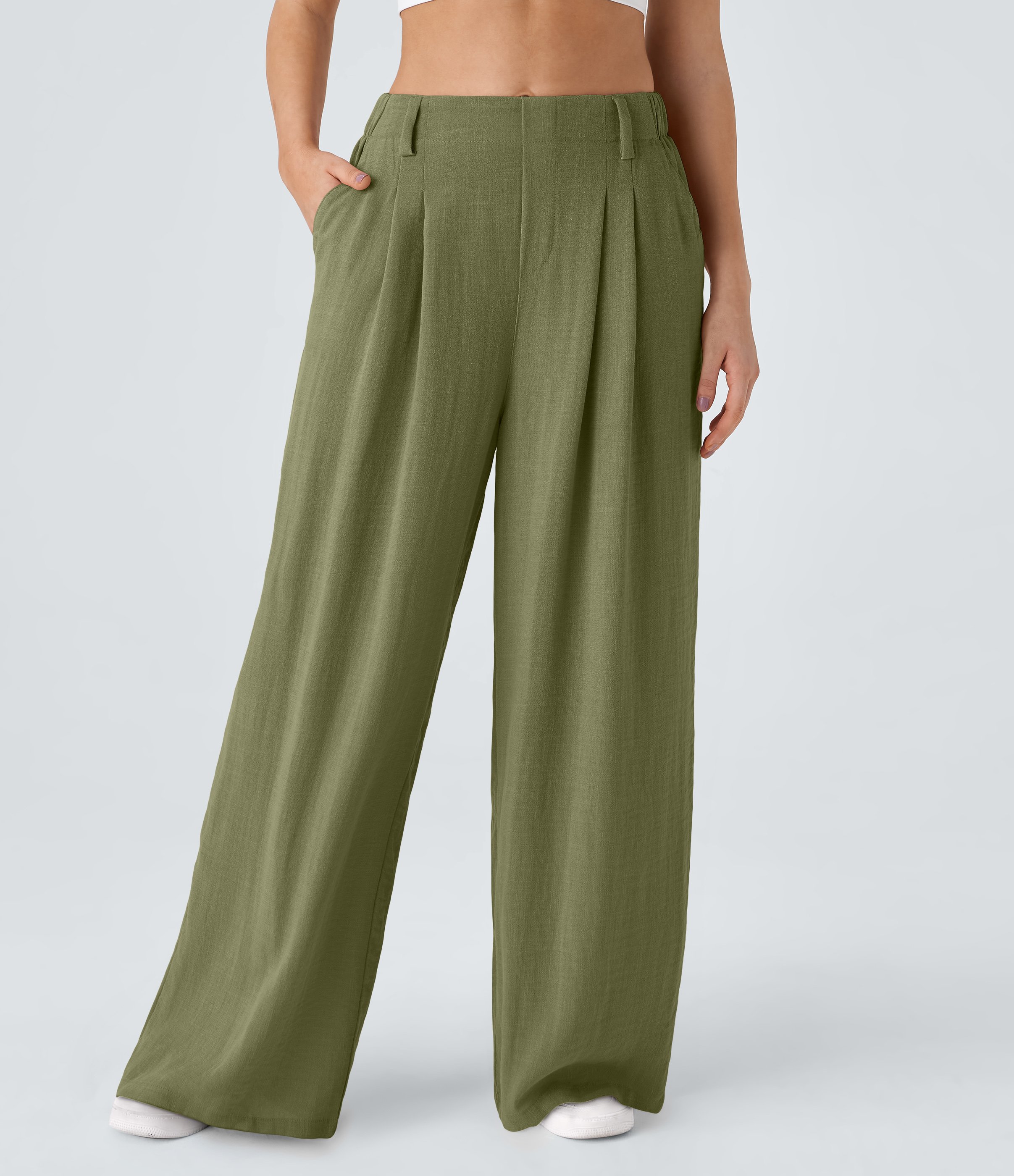 High Waisted Pocket Wide Leg Flowy Solid Palazzo Casual Linen-Feel Trousers