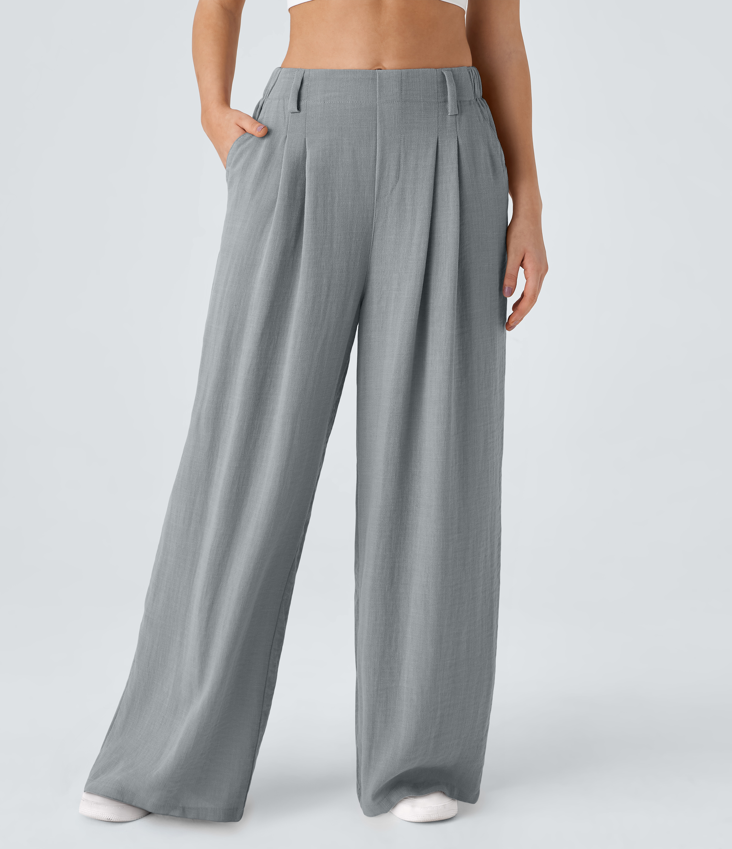 Taille haute, poches latérales, jambes larges, fluides, palazzo unis, pantalons décontractés effet lin