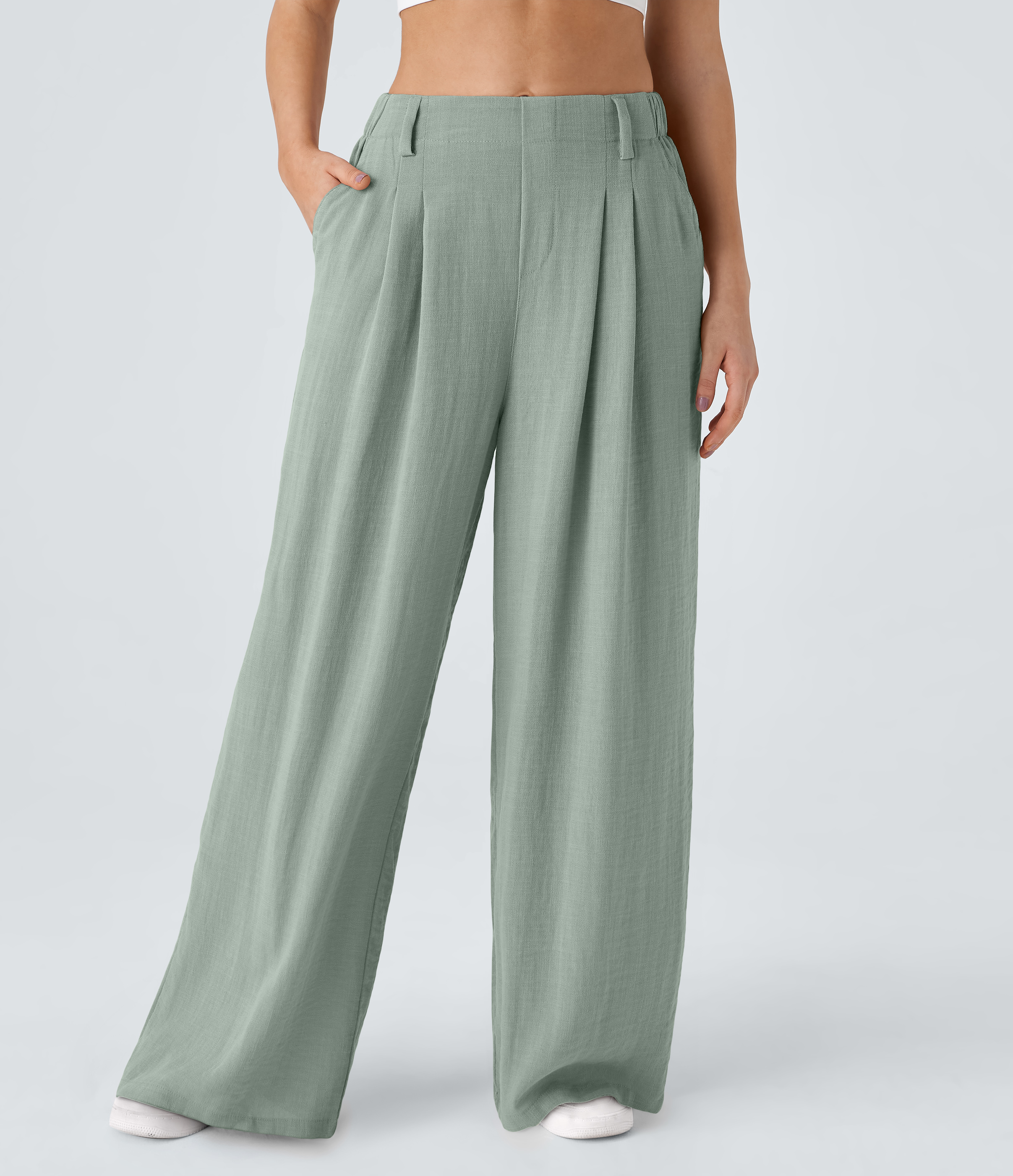 High Waisted Pocket Wide Leg Flowy Solid Palazzo Casual Linen-Feel Pants