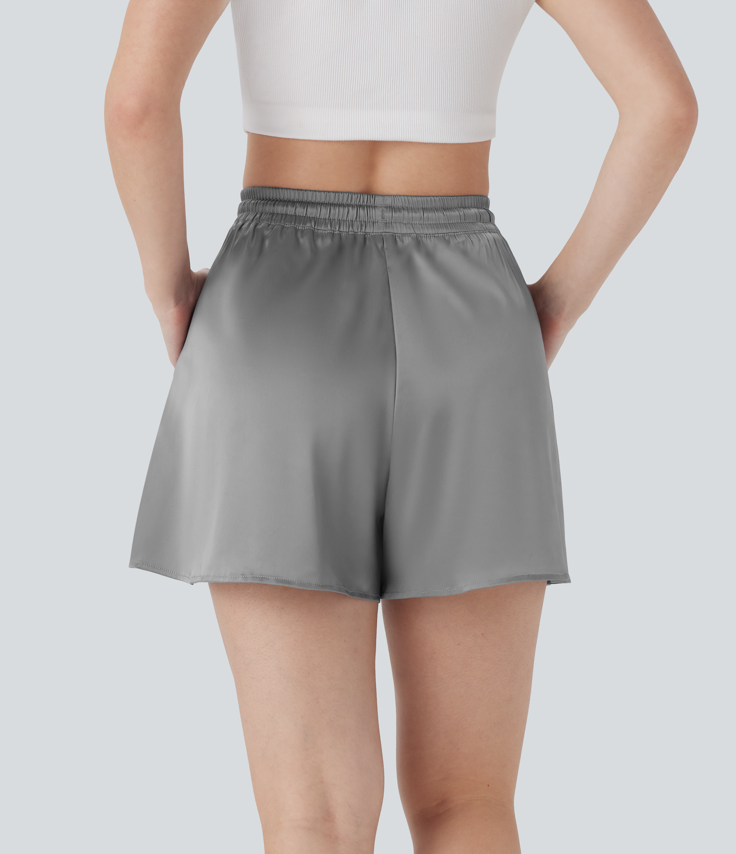 Alloy Lässige Satin-Shorts mit hohem Bund, Kordelzug und Taschen / 2