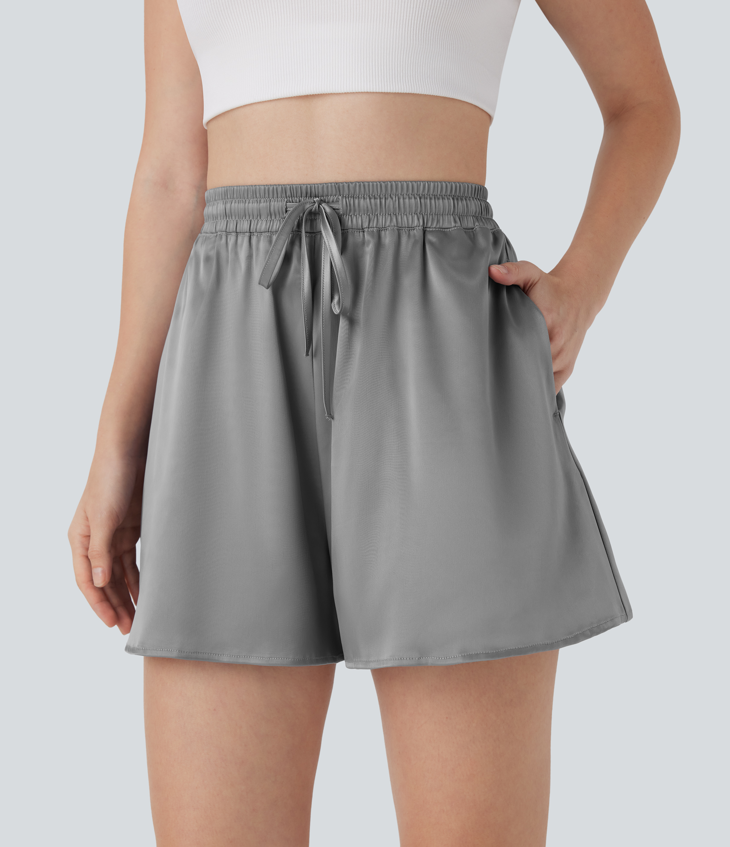 High Waisted Drawstring Pocket Loose Satin Casual Shorts