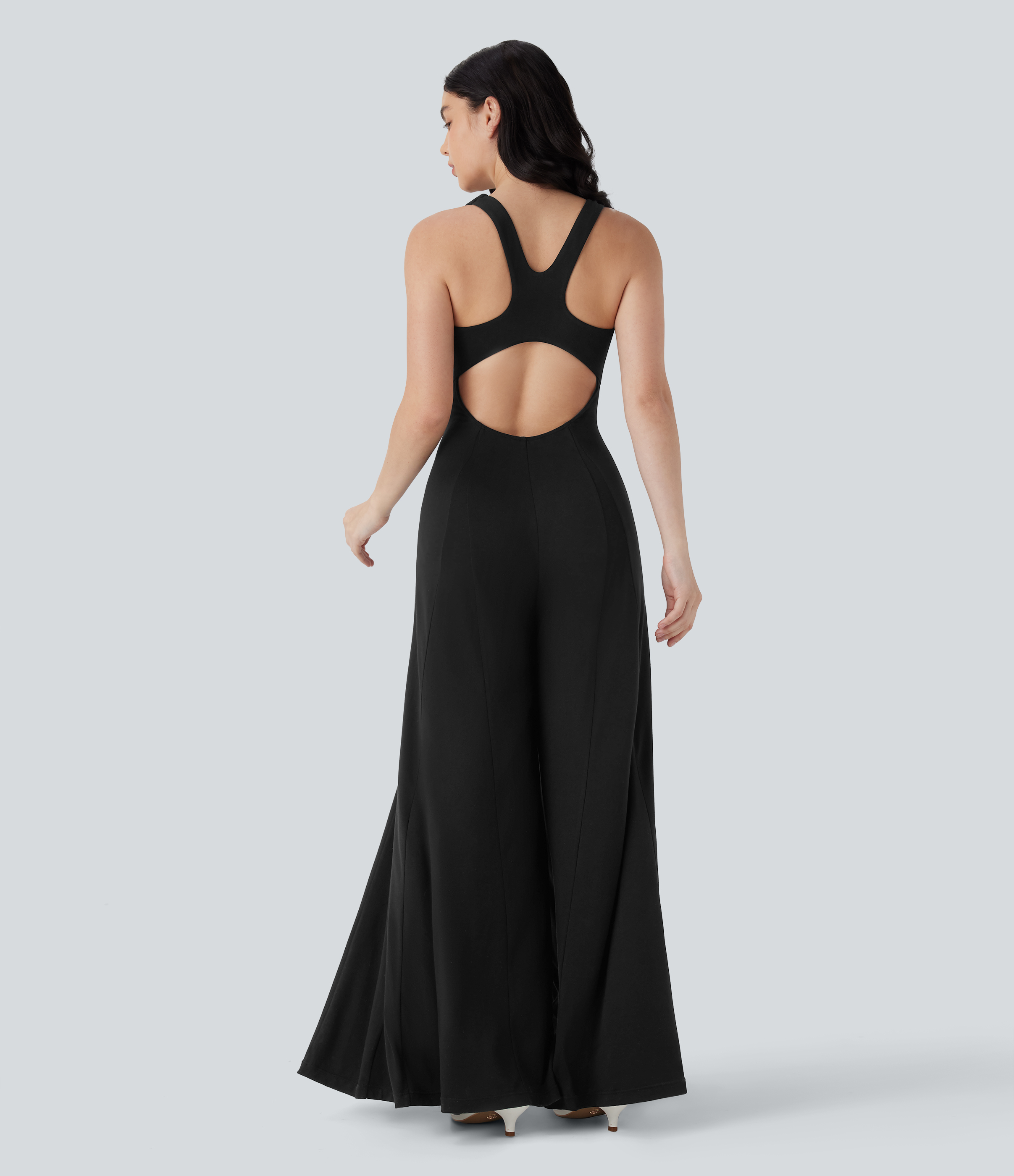 Schwarz Ärmelloser weiter Beinschnitt Fließender Jumpsuit / 2
