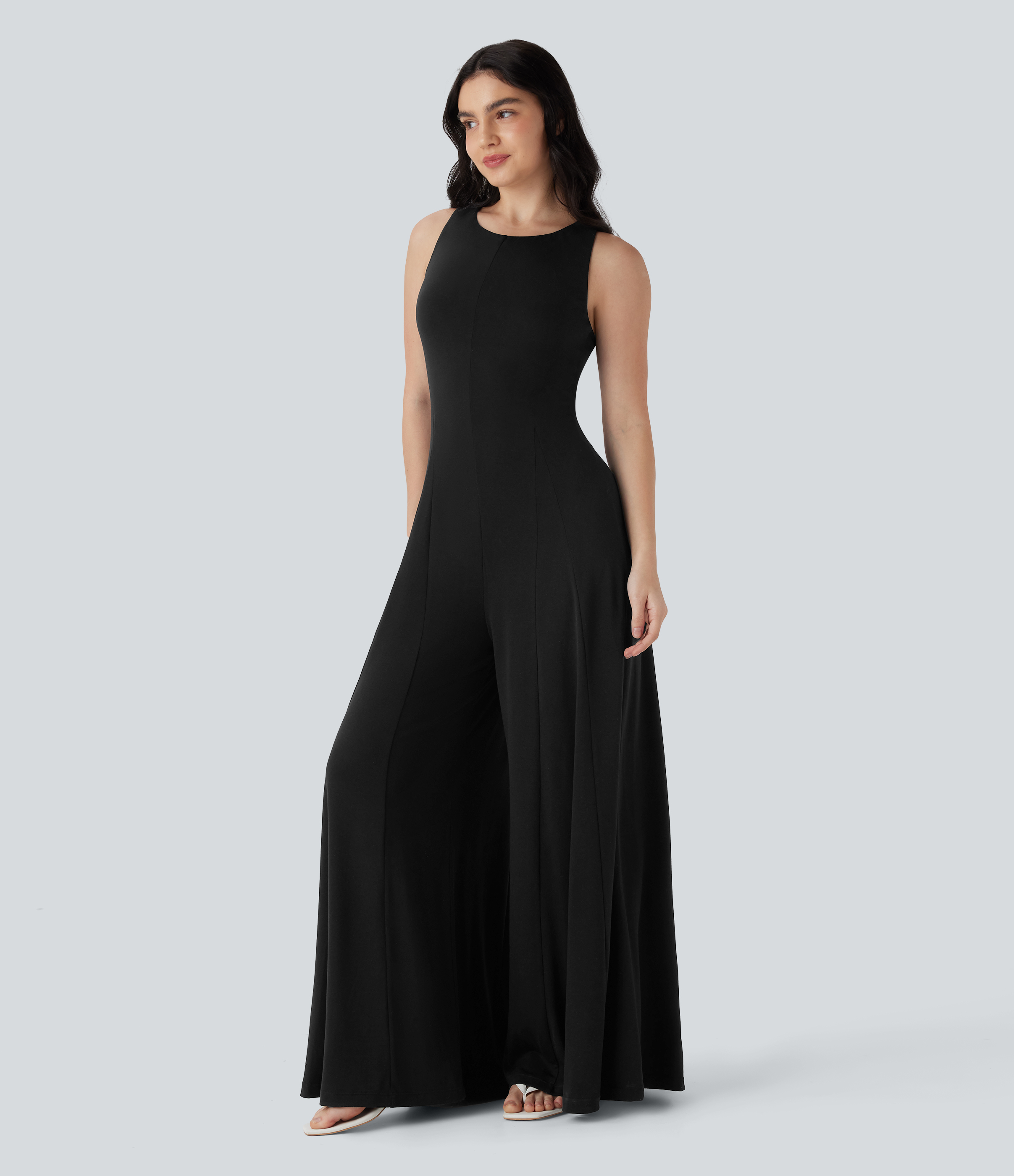 Schwarz Ärmelloser weiter Beinschnitt Fließender Jumpsuit / 1