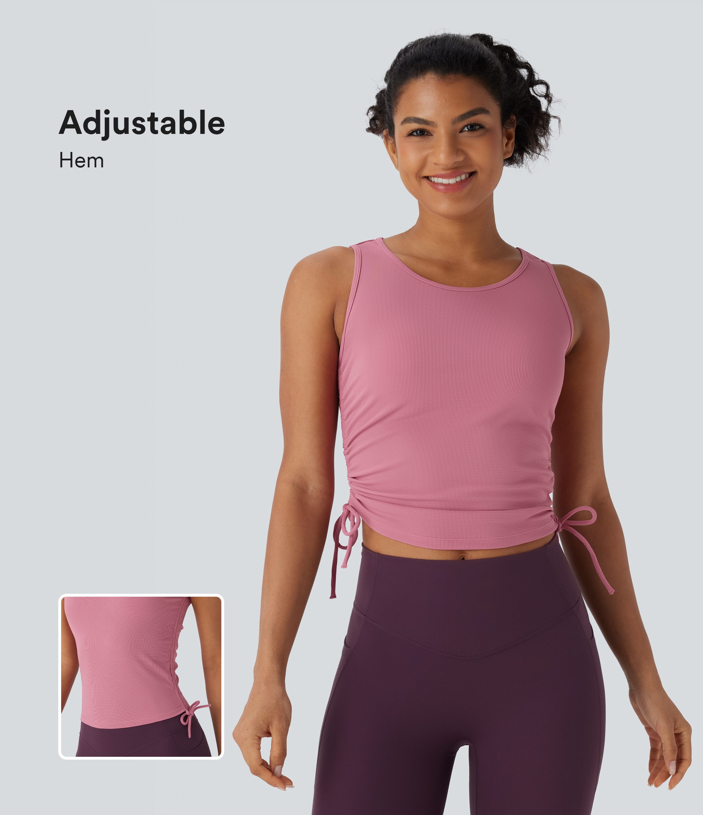 Rouge Pink Top de yoga con tirantes fruncidos y cordón / 1