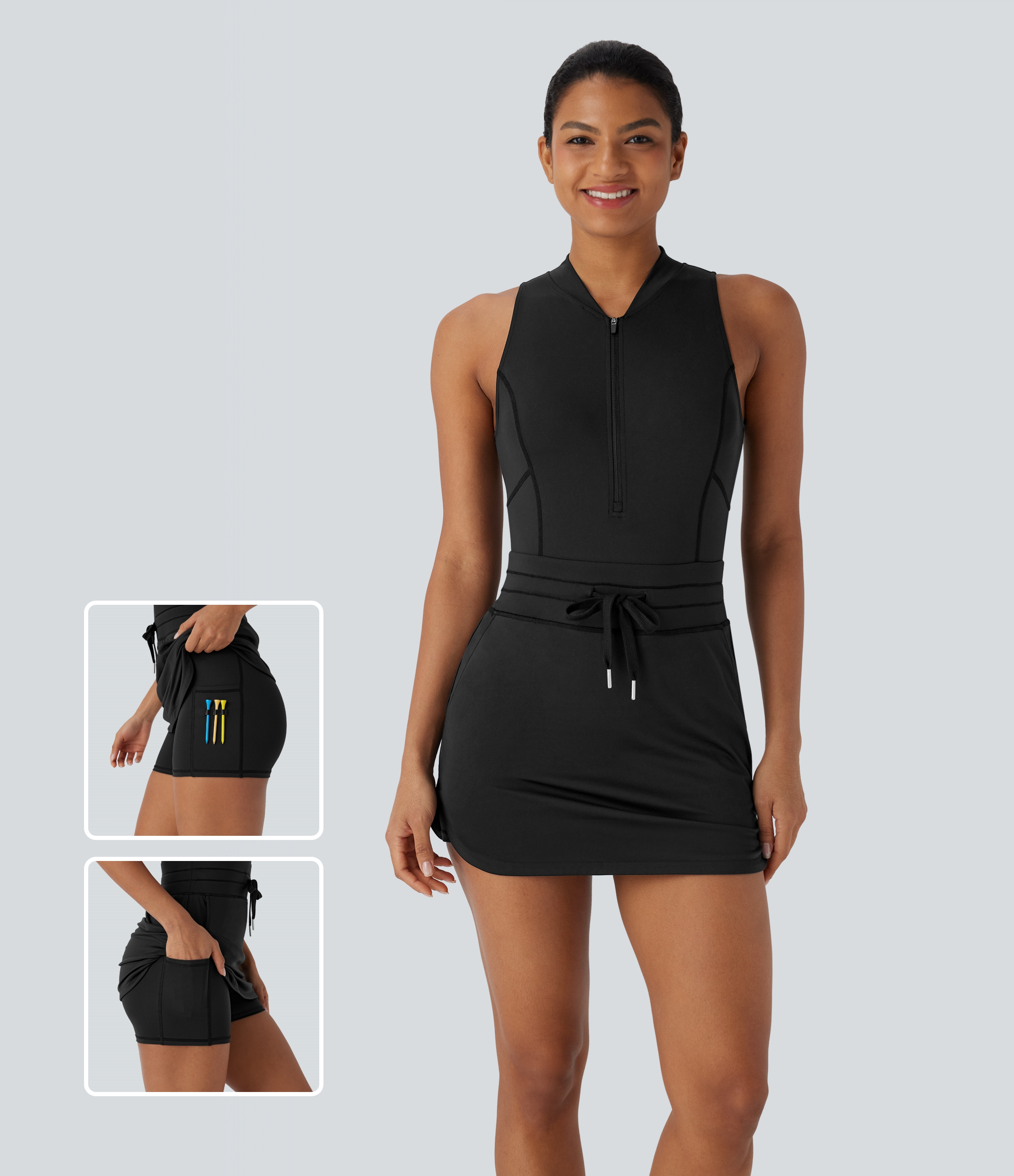 Vestido deportivo de golf 2 en 1 Softlyzero™ de secado rápido con cuello de béisbol, media cremallera, sin mangas, cordón ajustable, múltiples bolsillos y bolsillo especial para tee de golf