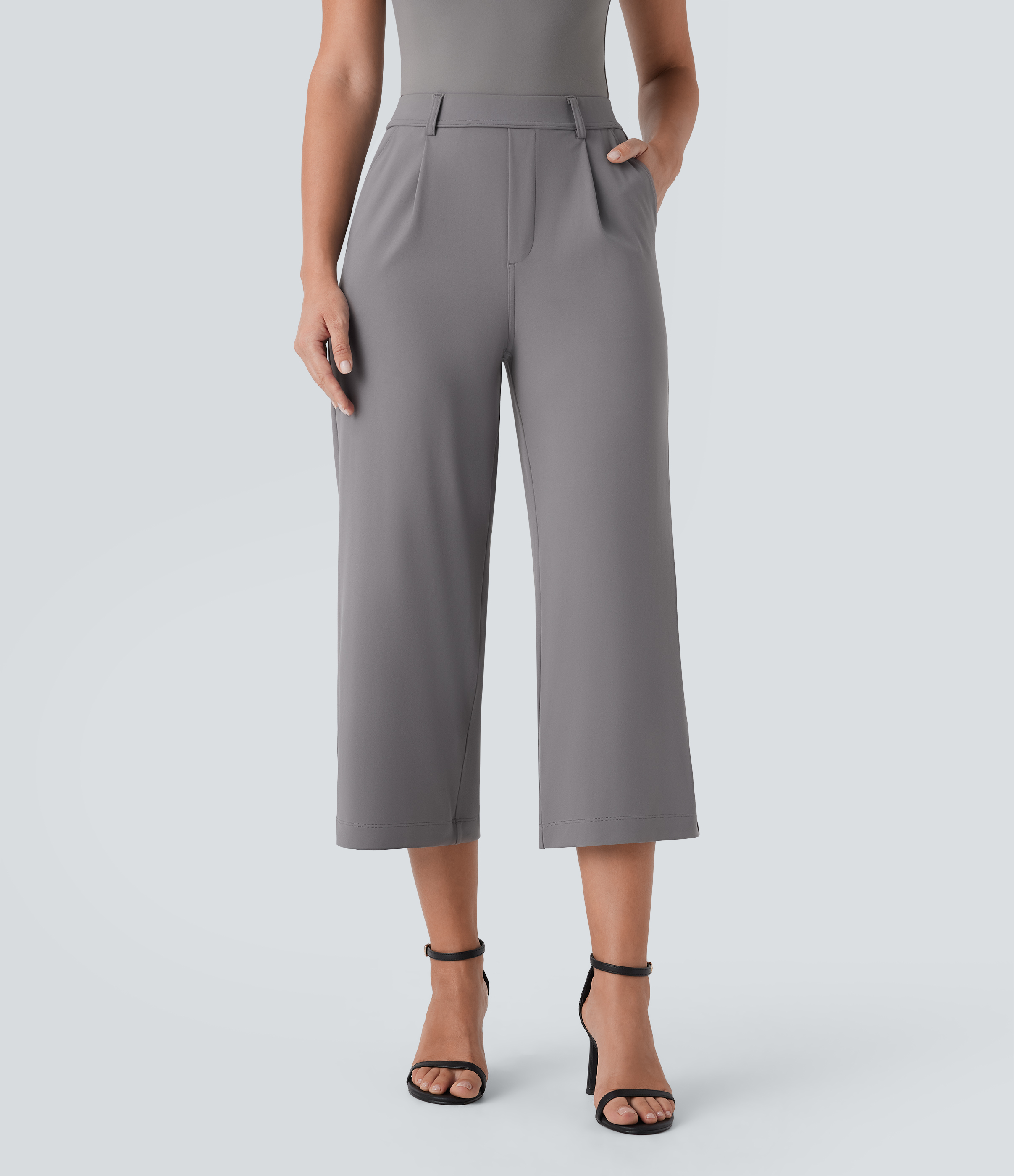 Pantalón oficina capri pierna recta bolsillo lateral tiro alto