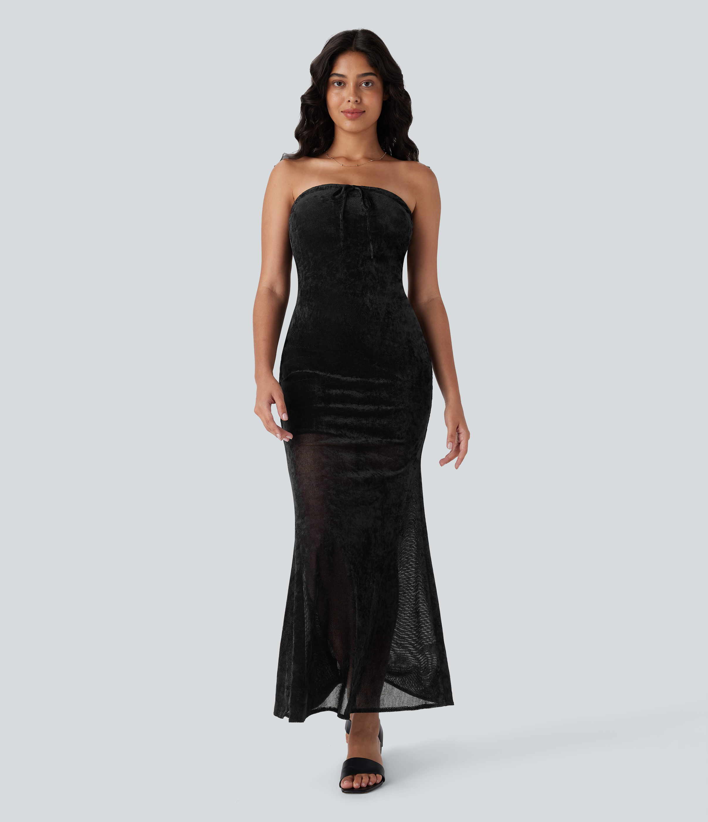 Tube Tie Front Bodycon Mermaid Velvet Mesh Maxi Resort Dress
