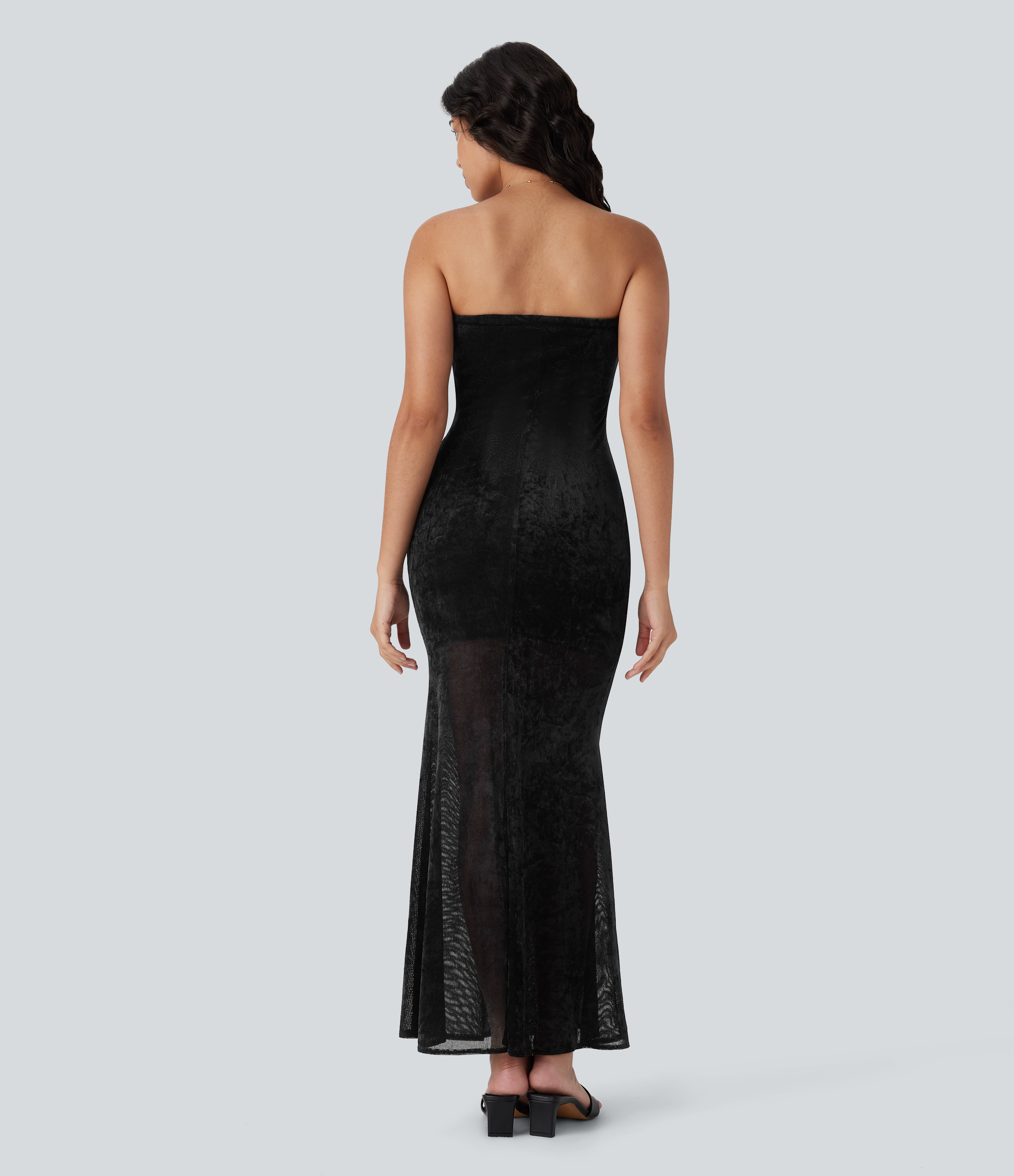 Negro Vestido largo maxi resort sirena ajustado lazo delantera malla terciopelo / 2