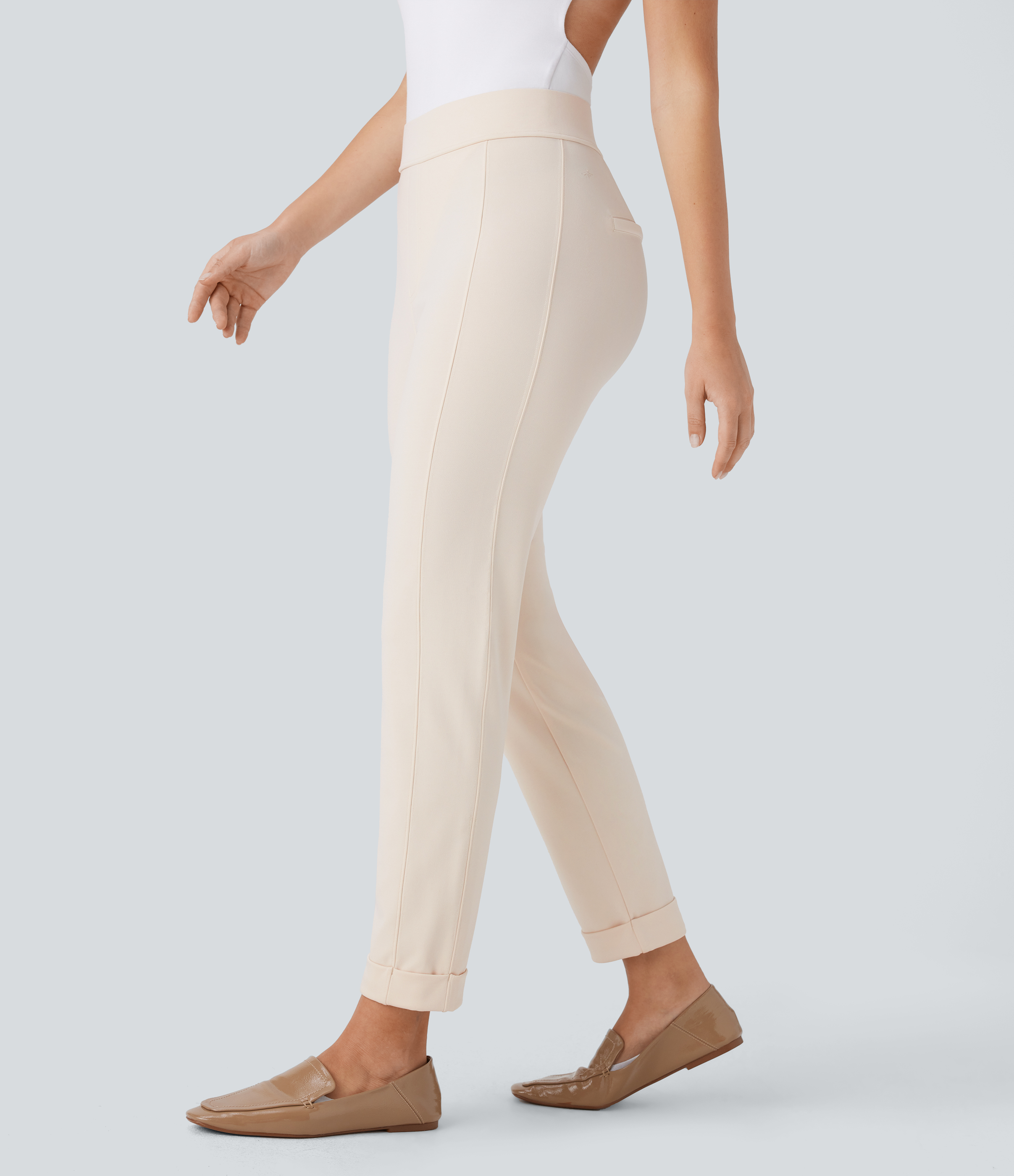 High Waisted Rolled Hem Skinny Tapered Ankle Length Casual Pants