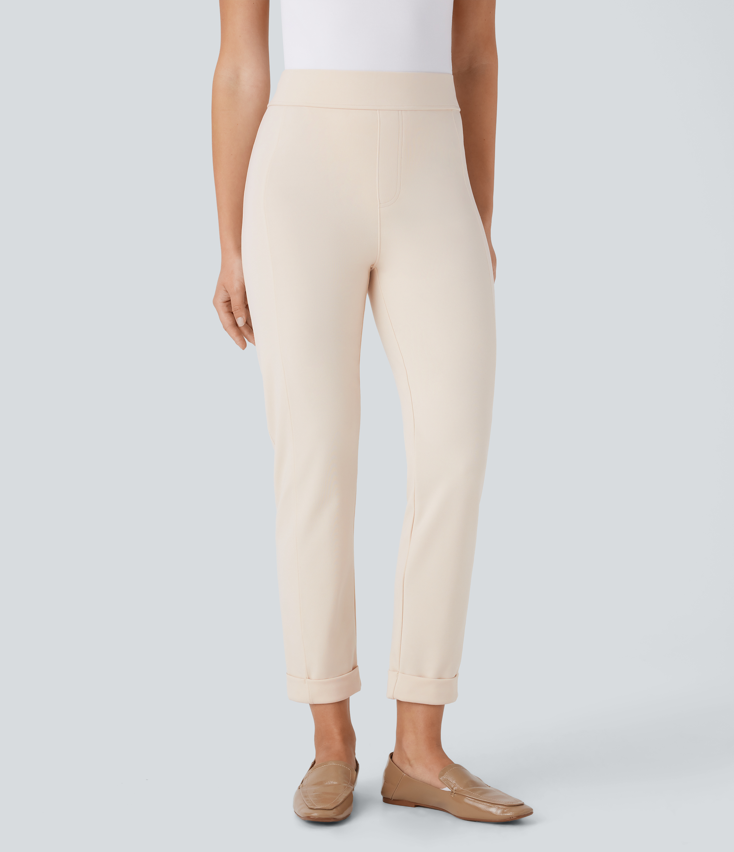 High Waisted Rolled Hem Skinny Tapered Ankle Length Casual Trousers