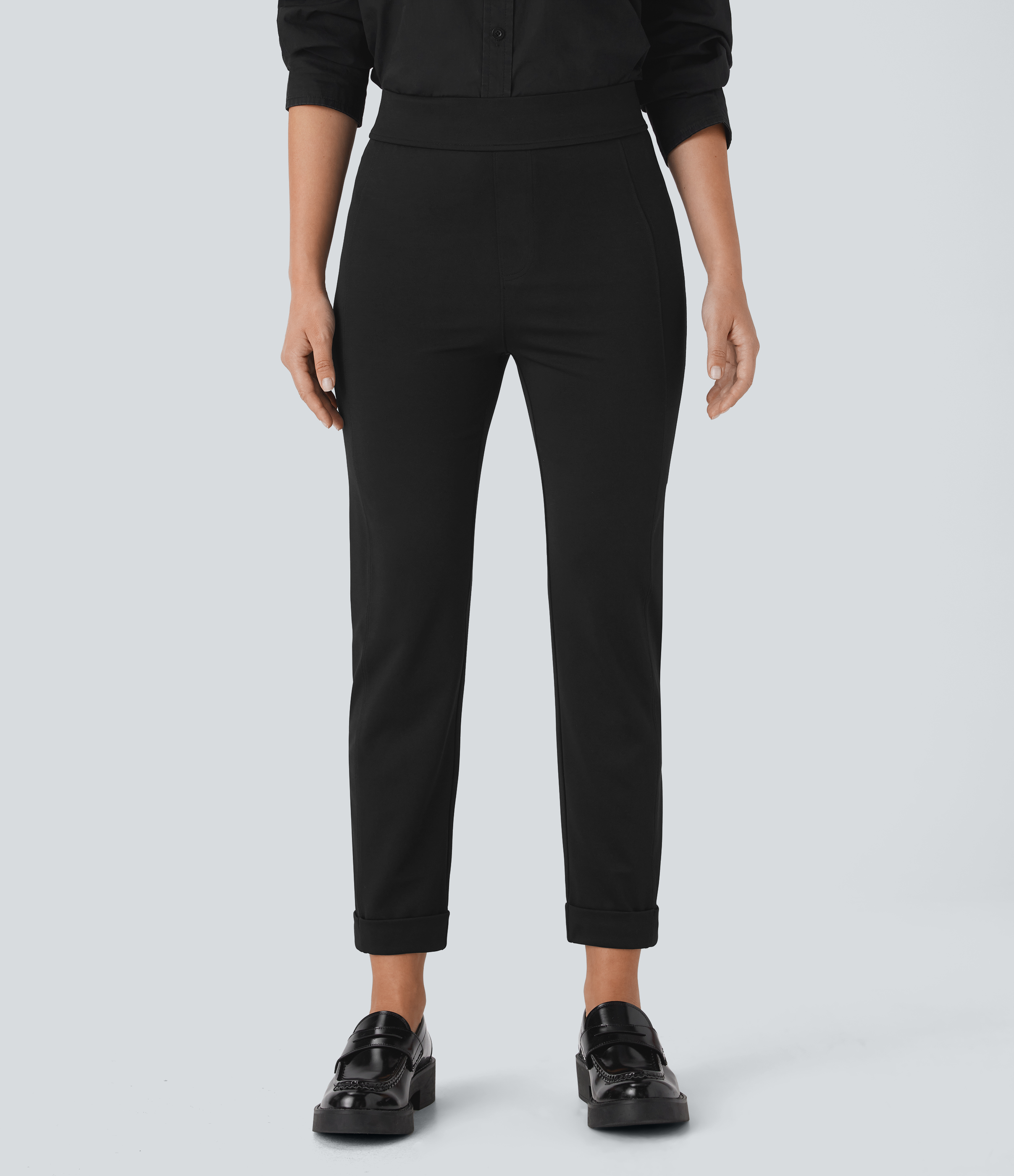 High Waisted Rolled Hem Skinny Tapered Ankle Length Casual Pants