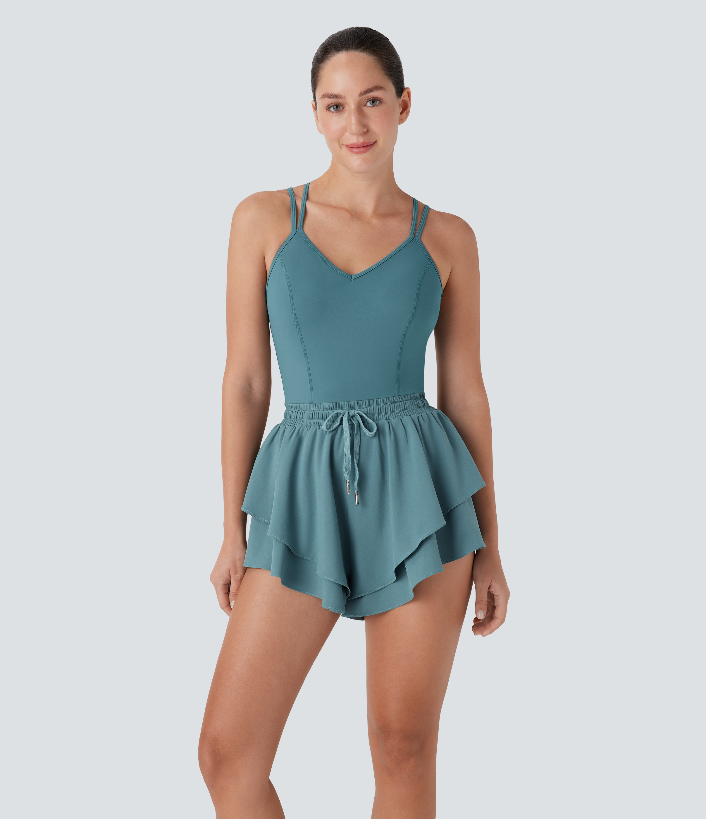 Stone Blue Mono de yoga Breezeful™ 2 en 1 de secado rápido con doble tirante, espalda descubierta, tirantes cruzados y cordón ajustable / 2