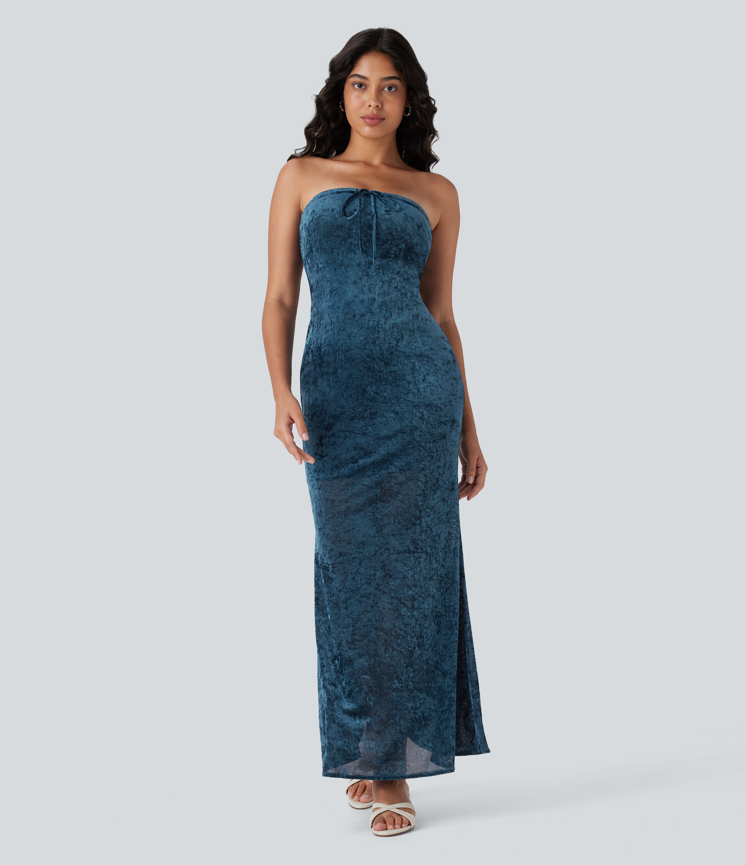 Tube Tie Front Bodycon Mermaid Velvet Mesh Maxi Resort Dress