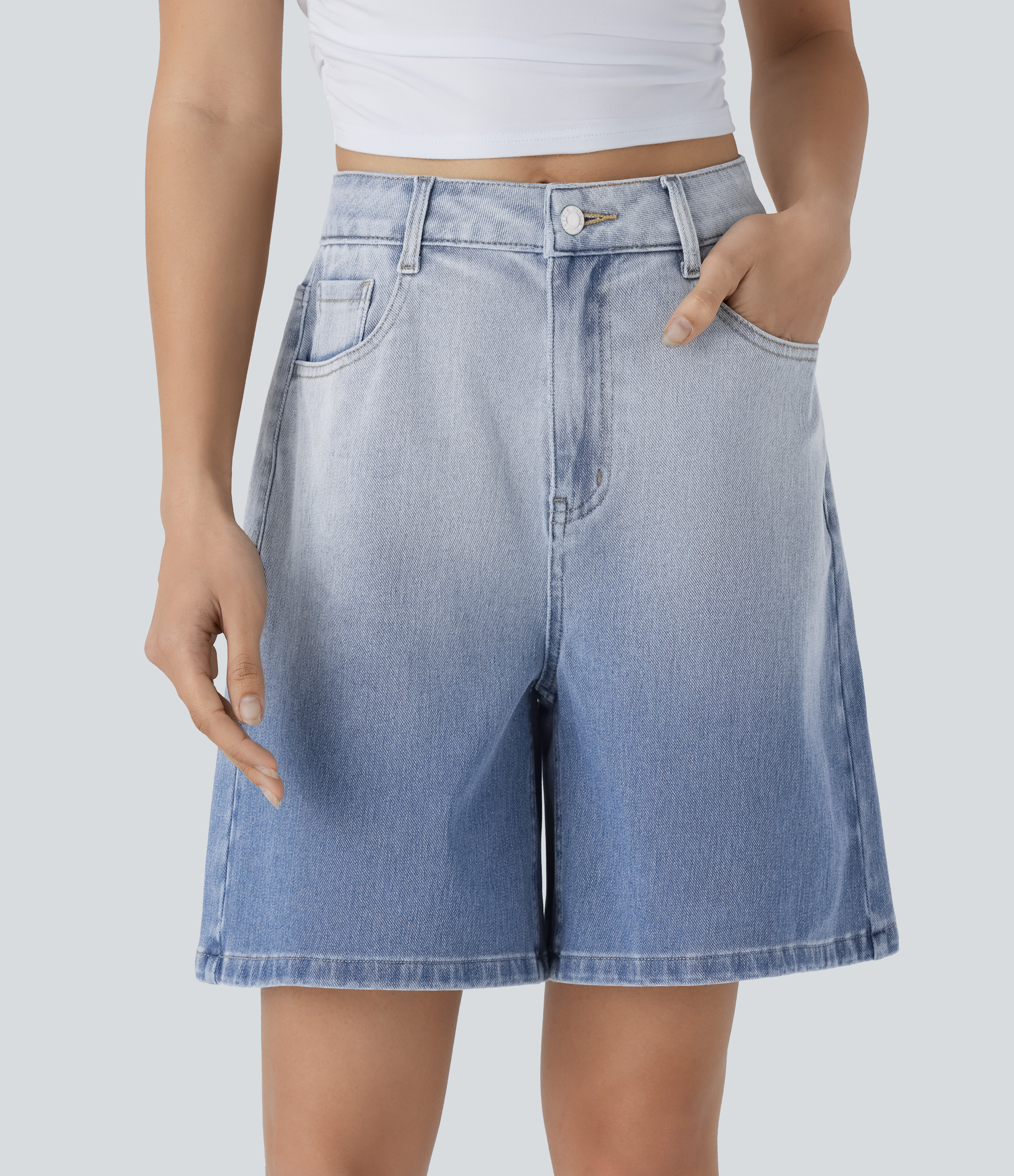 Halara Flex™ Denim Bermuda Shorts, multi-pocket gradient stretch denim, button closure, high rise (17.5cm)