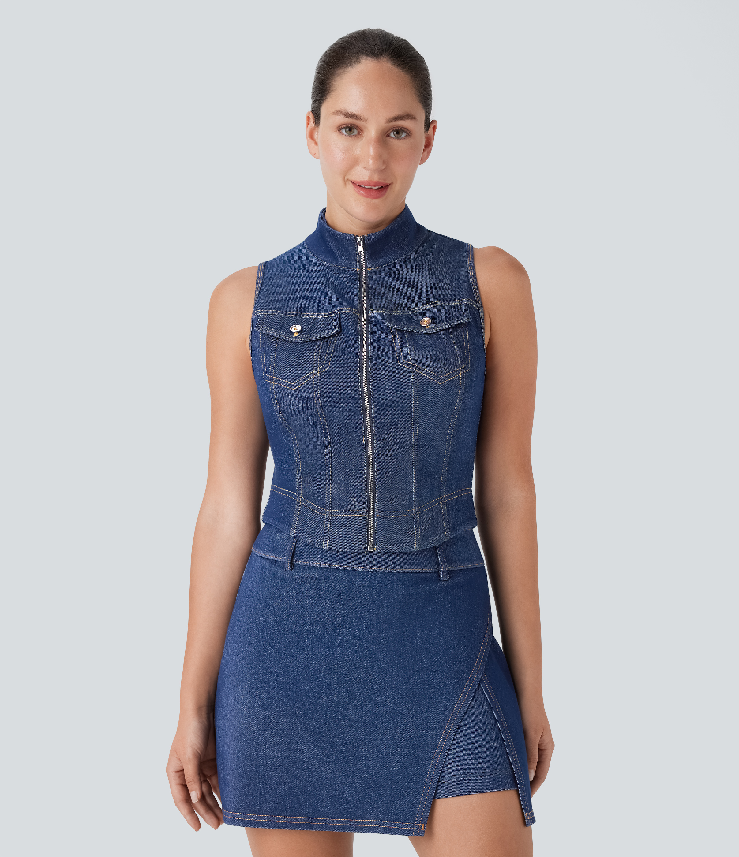 Tide Blue Denim Camiseta Halara Flex™ Denim tenis elástica desgastada con cuello alto y cremallera de tacto refrescante / 2