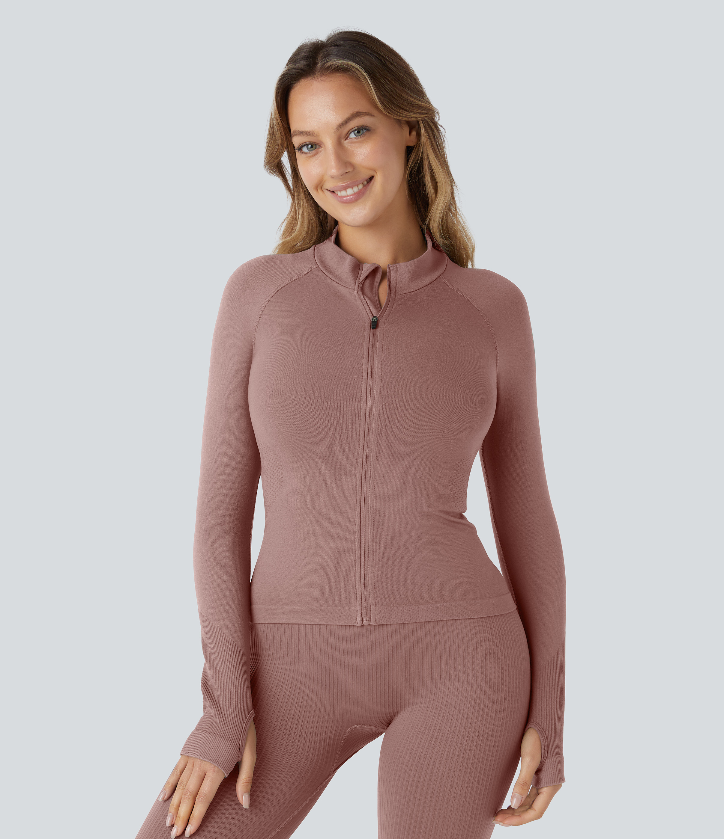 Veste de Yoga Skinny à Col Droit, Manches Raglan, Fermeture Éclair, Trou pour Pouce, Flux Parfait