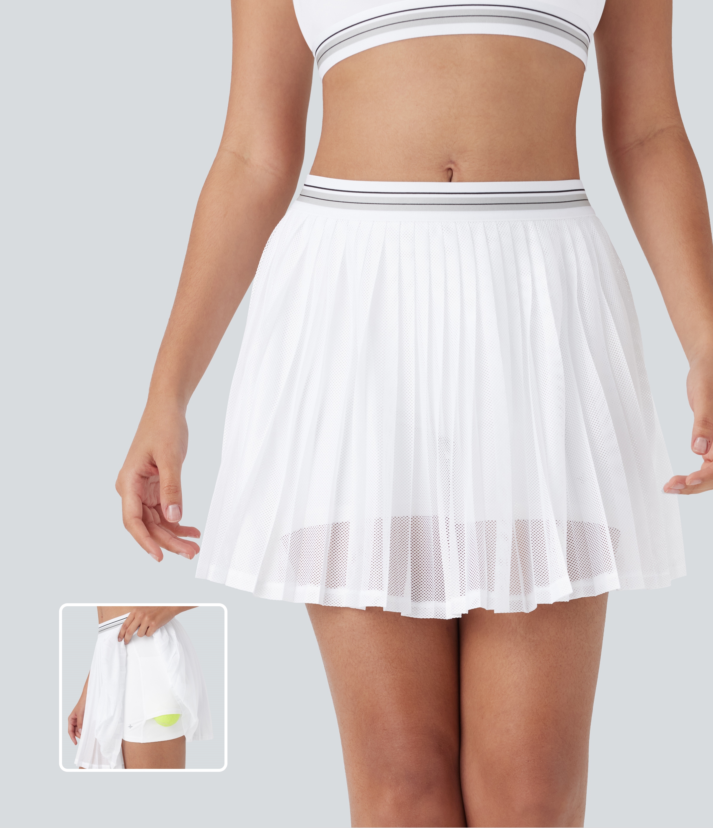 Halara – Plissierter 2-in-1 Tennis-Minirock mit hohem Bund, Seitentaschen, Cut-Outs und Farbblock – schnelltrocknend – Frost White – XL(regular)