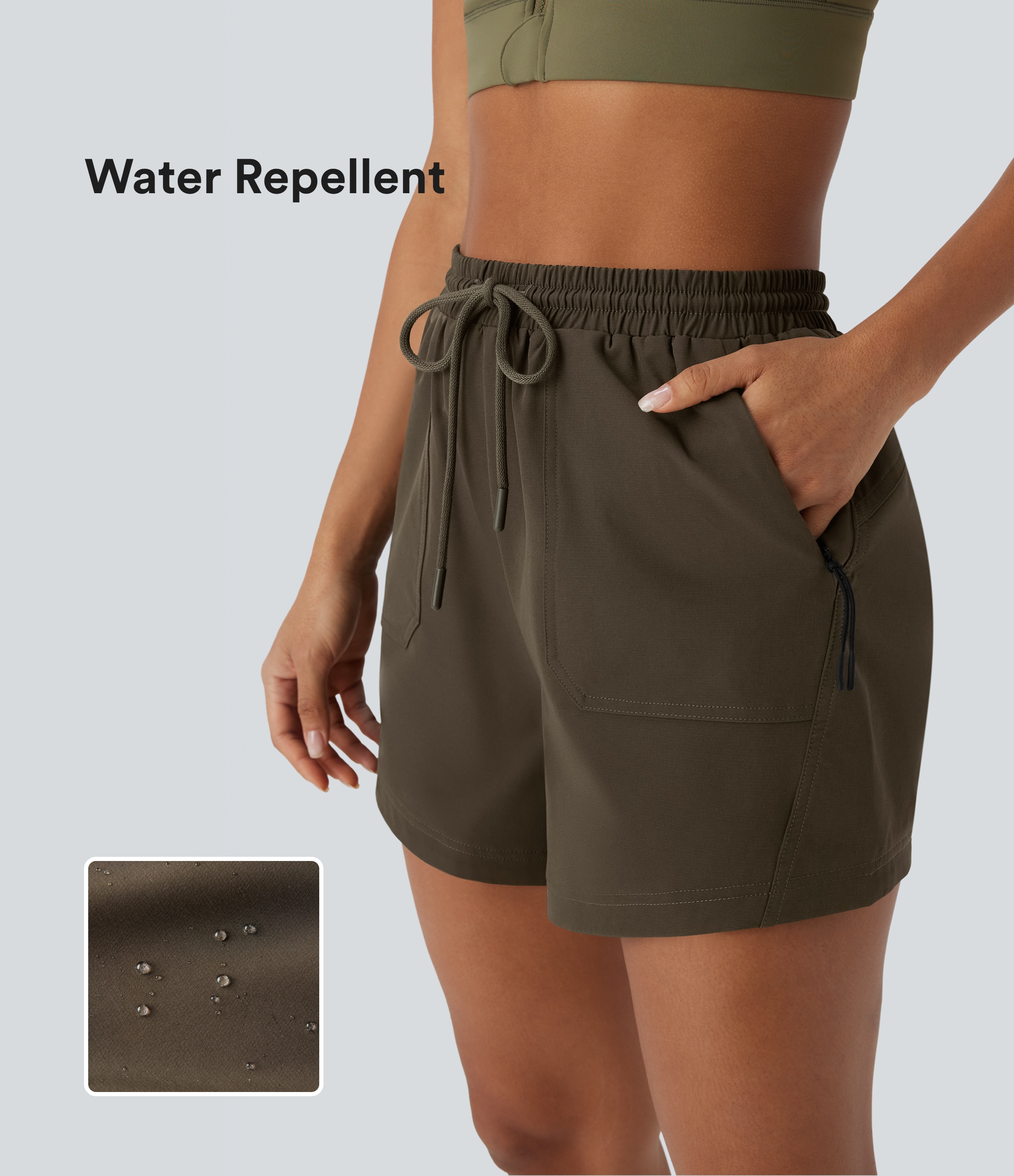 Wasserabweisende Wandershorts mit hoher Taille, Kordelzug und seitlichen Reißverschlusstaschen 
