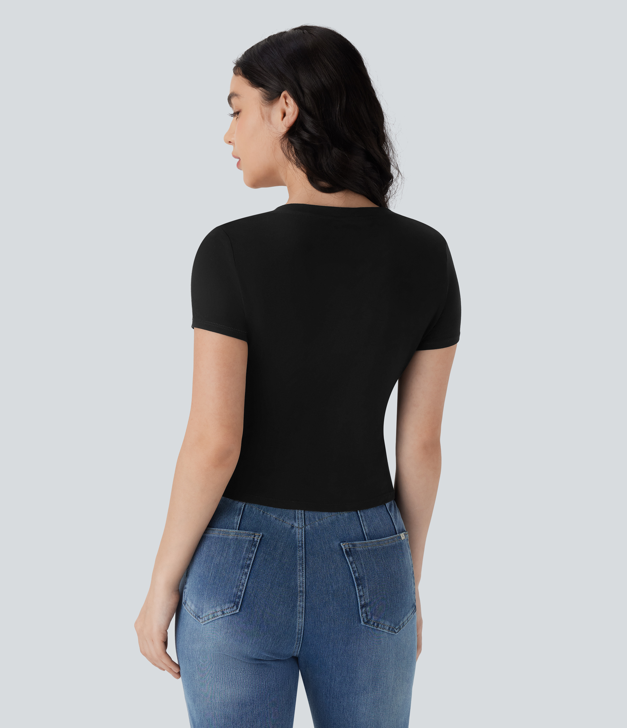 Black Top de manga corta casual con dobladillo curvo / 2