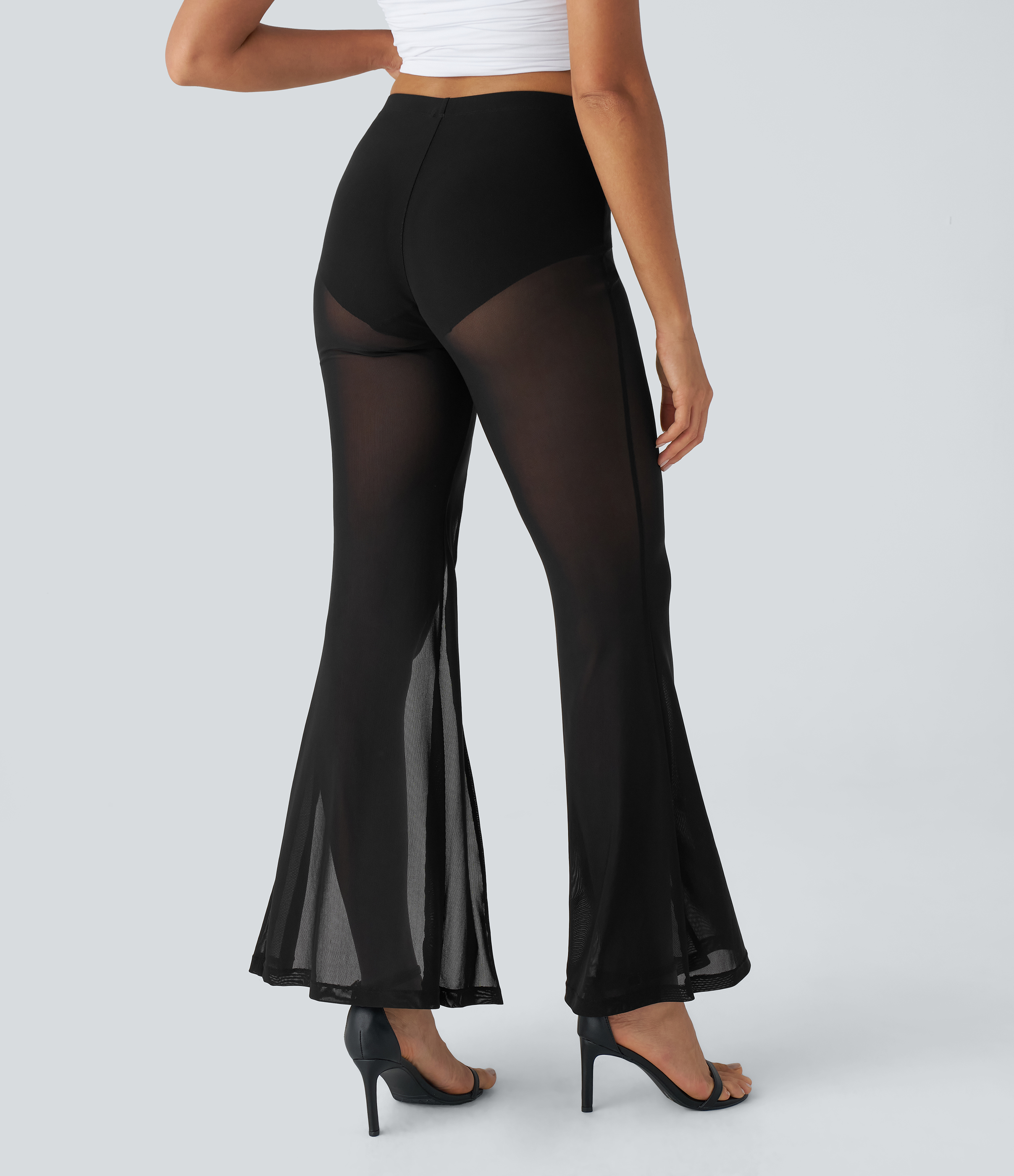 High-waisted 2-in-1 high-split mesh flare casual pants