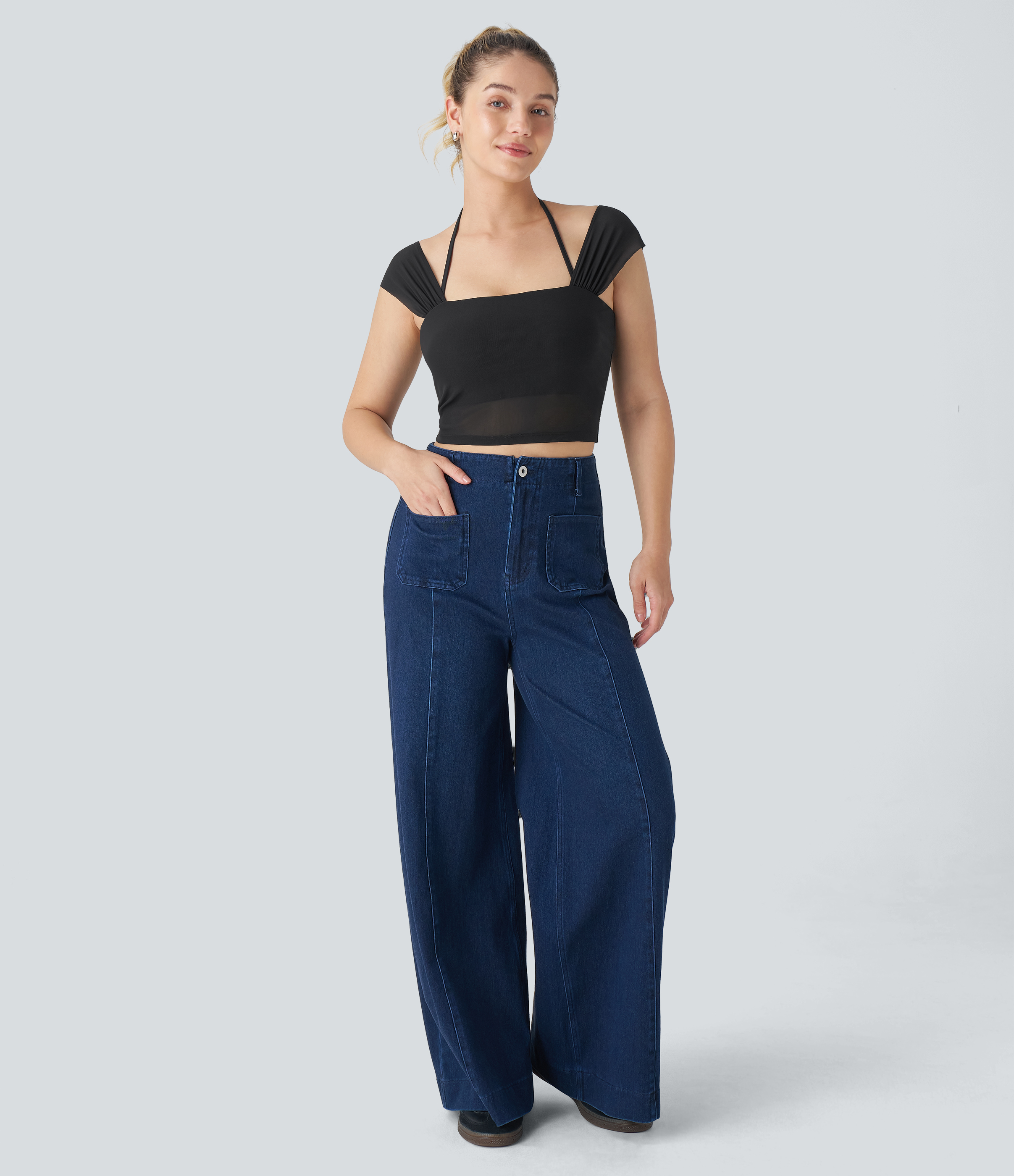 Women's SoftlyZero™ Square Neck Halter Contrast Mesh Cropped