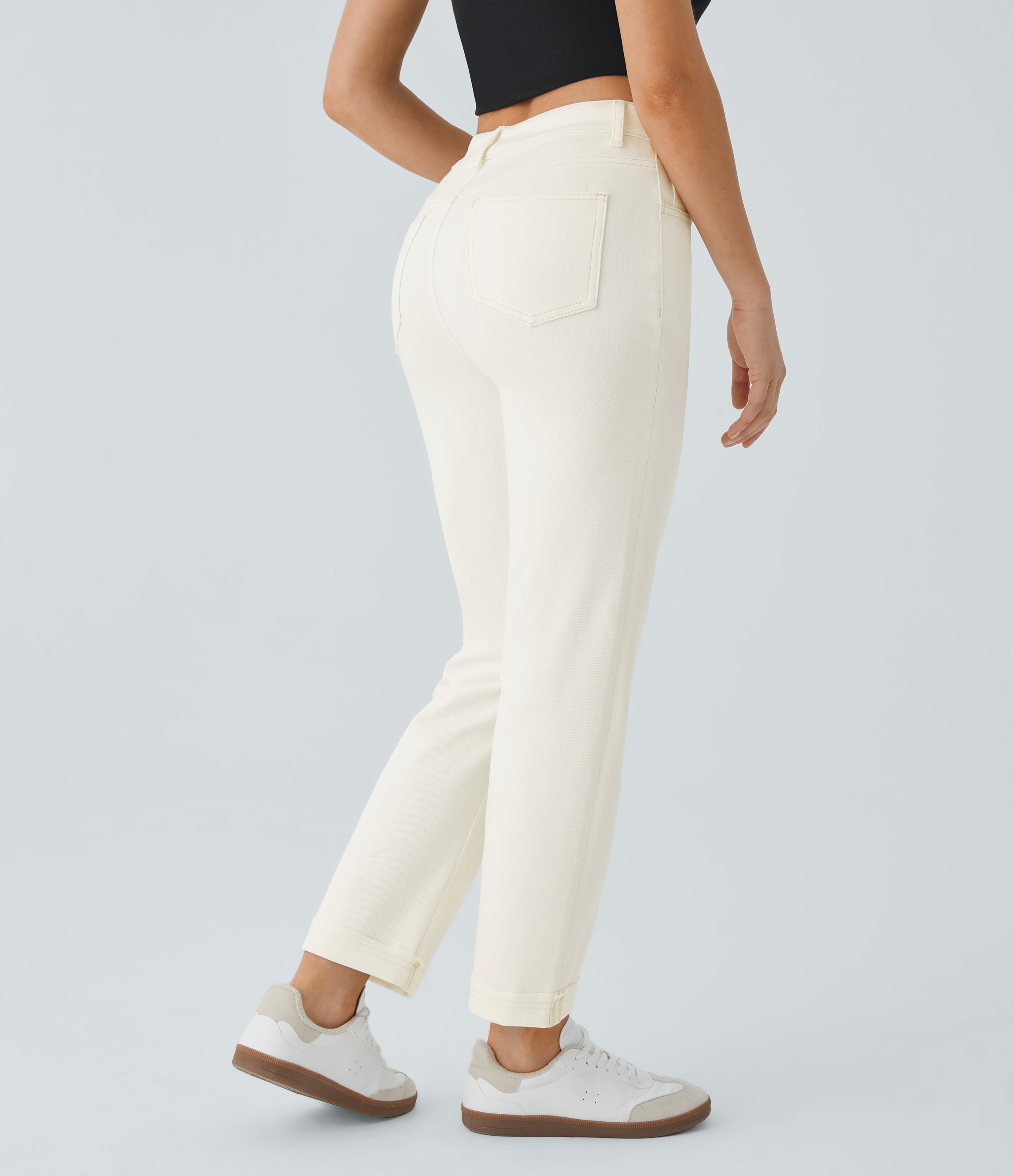 Beige Denim Halara Flex™ 하이 웨이스트 다중 포켓 스트레이트 레그 스트레치 니트 캐주얼 청바지 / 2