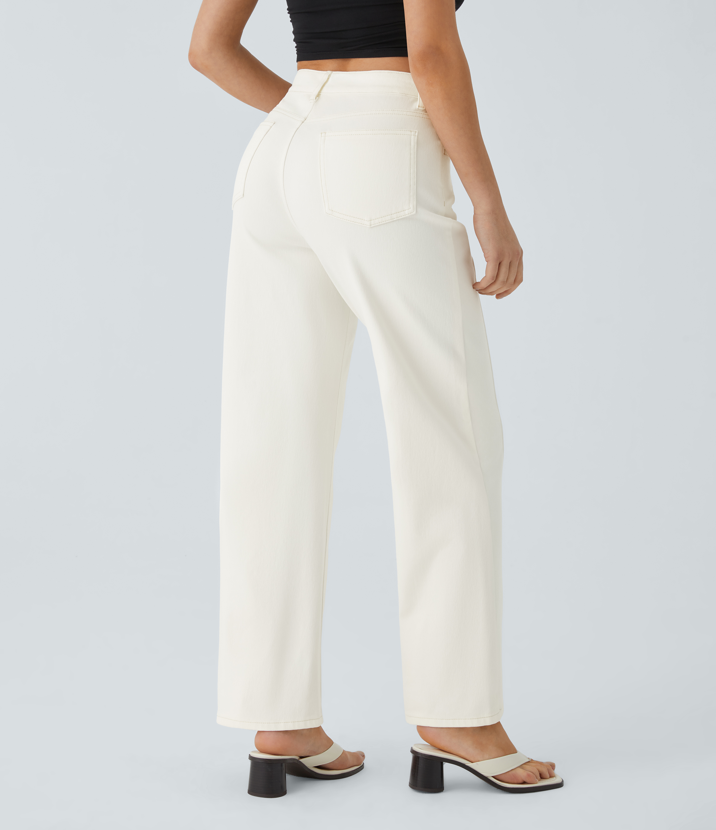 Beige Denim Jeans boyfriend Halara Flex™ Denim elástico botón decorativo tiro alto múltiple bolsillo pierna recta / 2