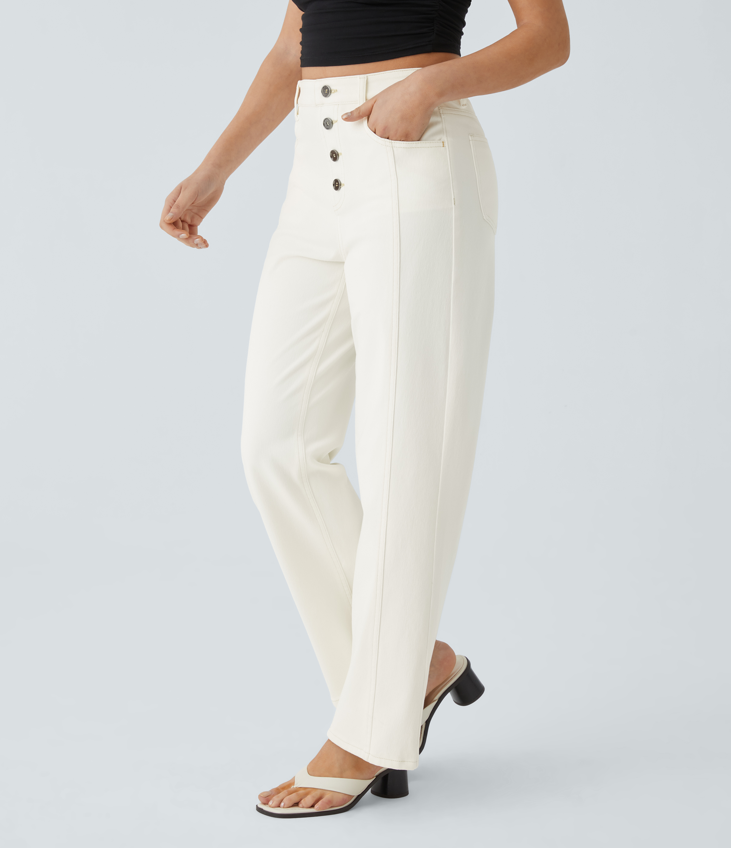 Beige Denim Jeans boyfriend Halara Flex™ Denim elástico botón decorativo tiro alto múltiple bolsillo pierna recta / 1