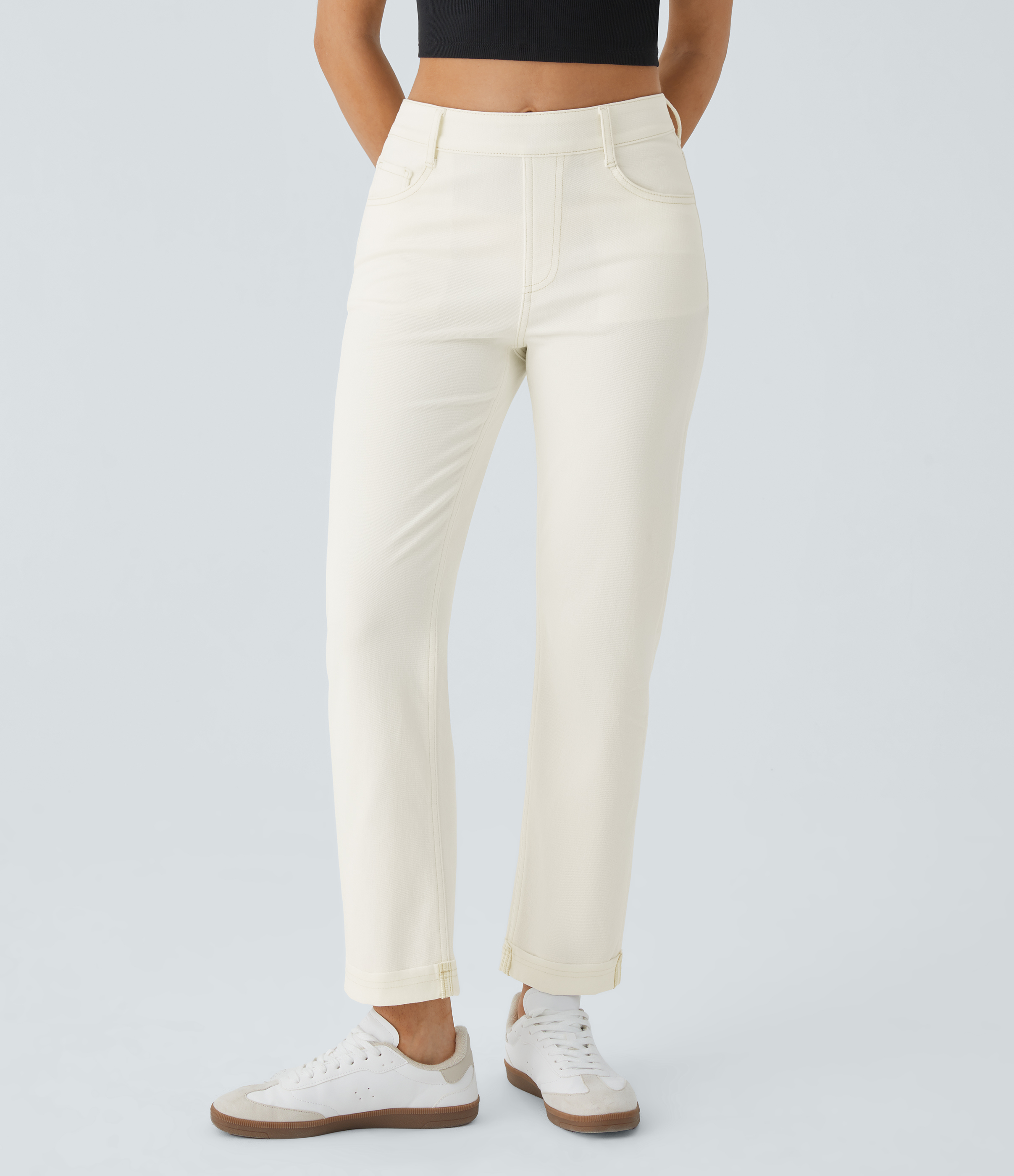 Beige Denim Halara Flex™ 하이 웨이스트 다중 포켓 스트레이트 레그 스트레치 니트 캐주얼 청바지 / 1