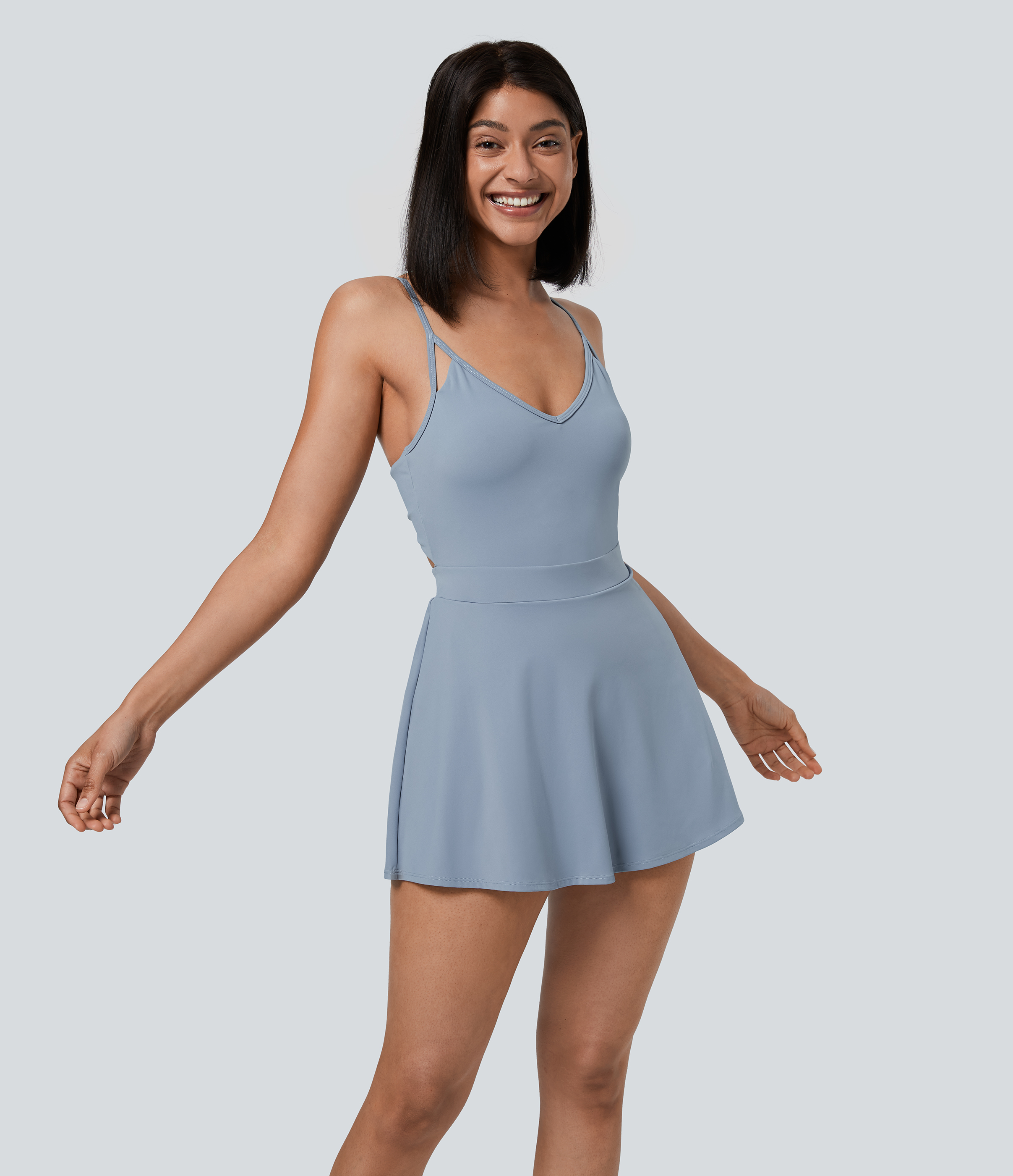 Snowflake Blue Minivestido sin espalda fruncido 2 en 1 bolsillo lateral edición Easy Peezy / 2