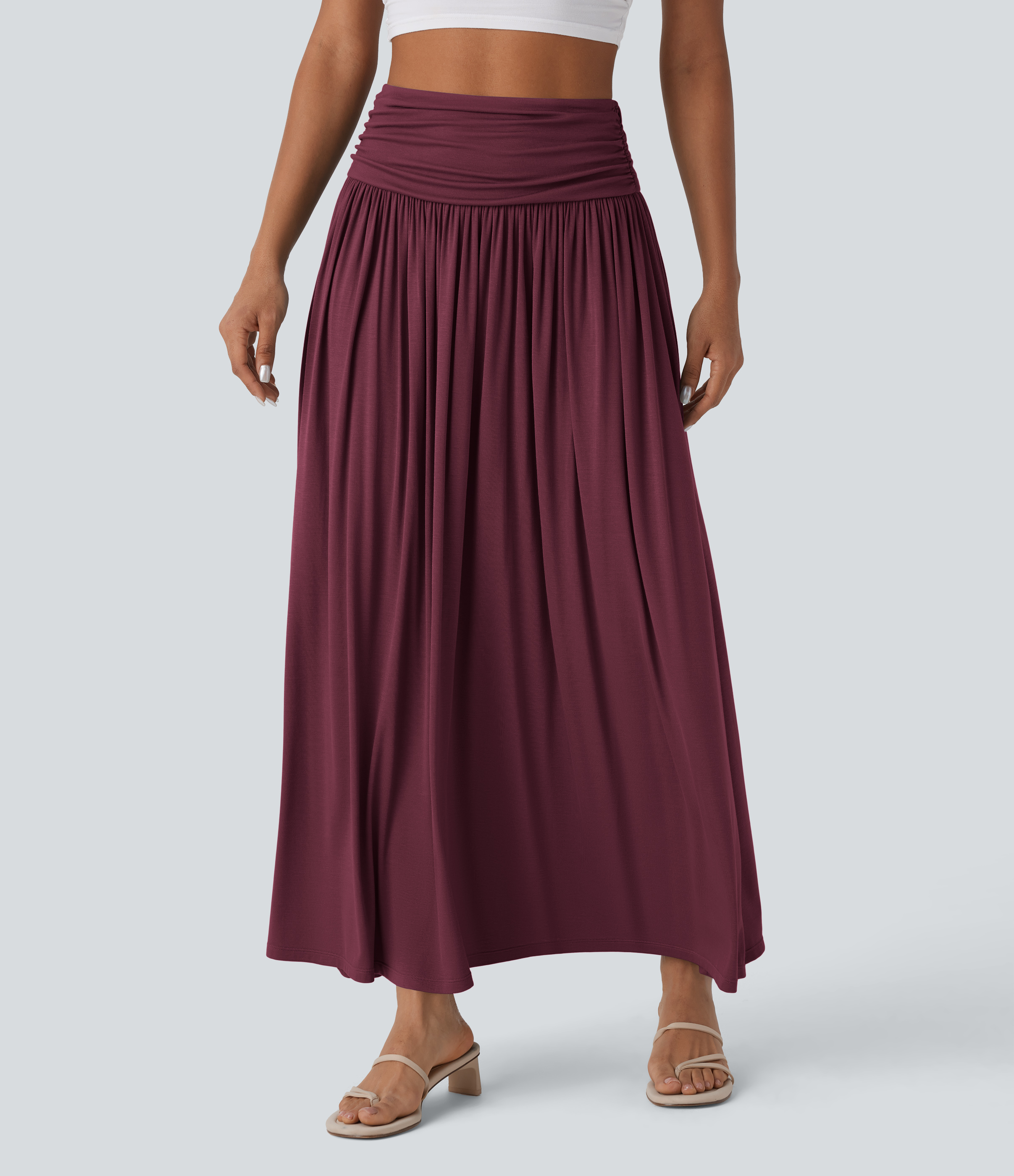 High Waisted Ruched Flowy Maxi Casual Skirt