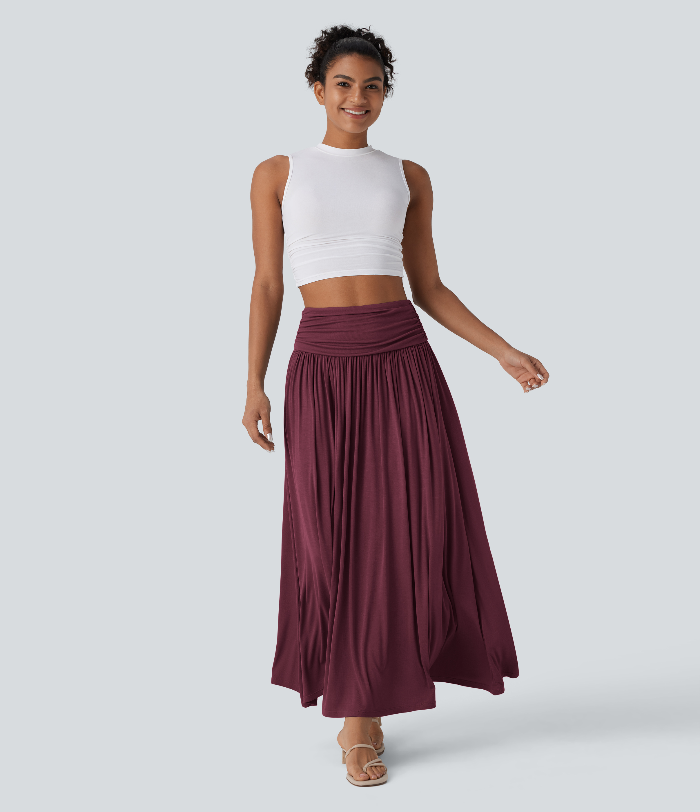 Falda maxi casual de cintura alta fruncida y fluida