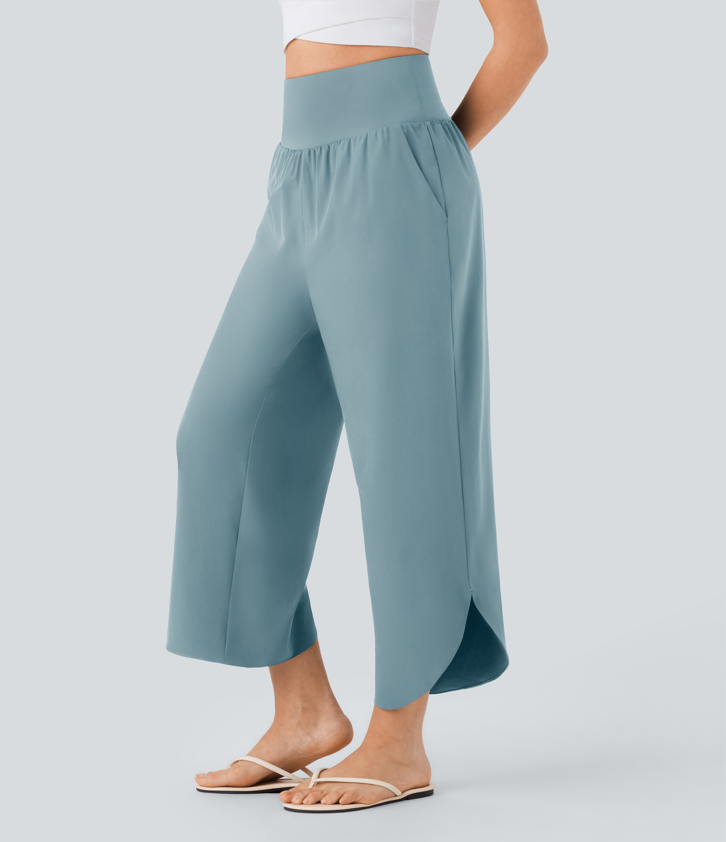 Pantalón SoCinched resort secado rápido dobladillo dividido bolsillo lateral control abdomen tiro alto
