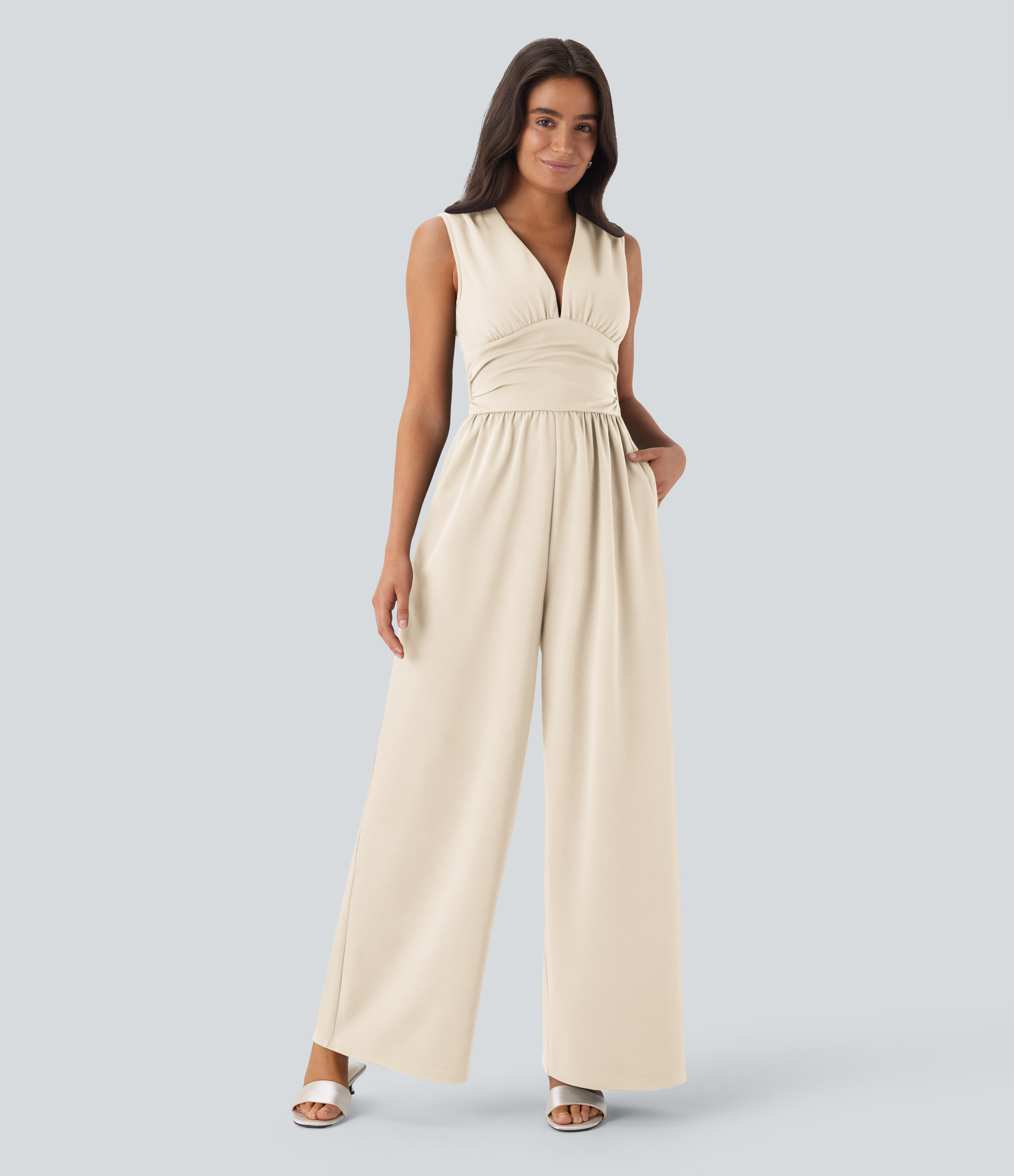V-Ausschnitt Ärmelloses Gerafftes Taschen-Jumpsuit-Ganz Einfach