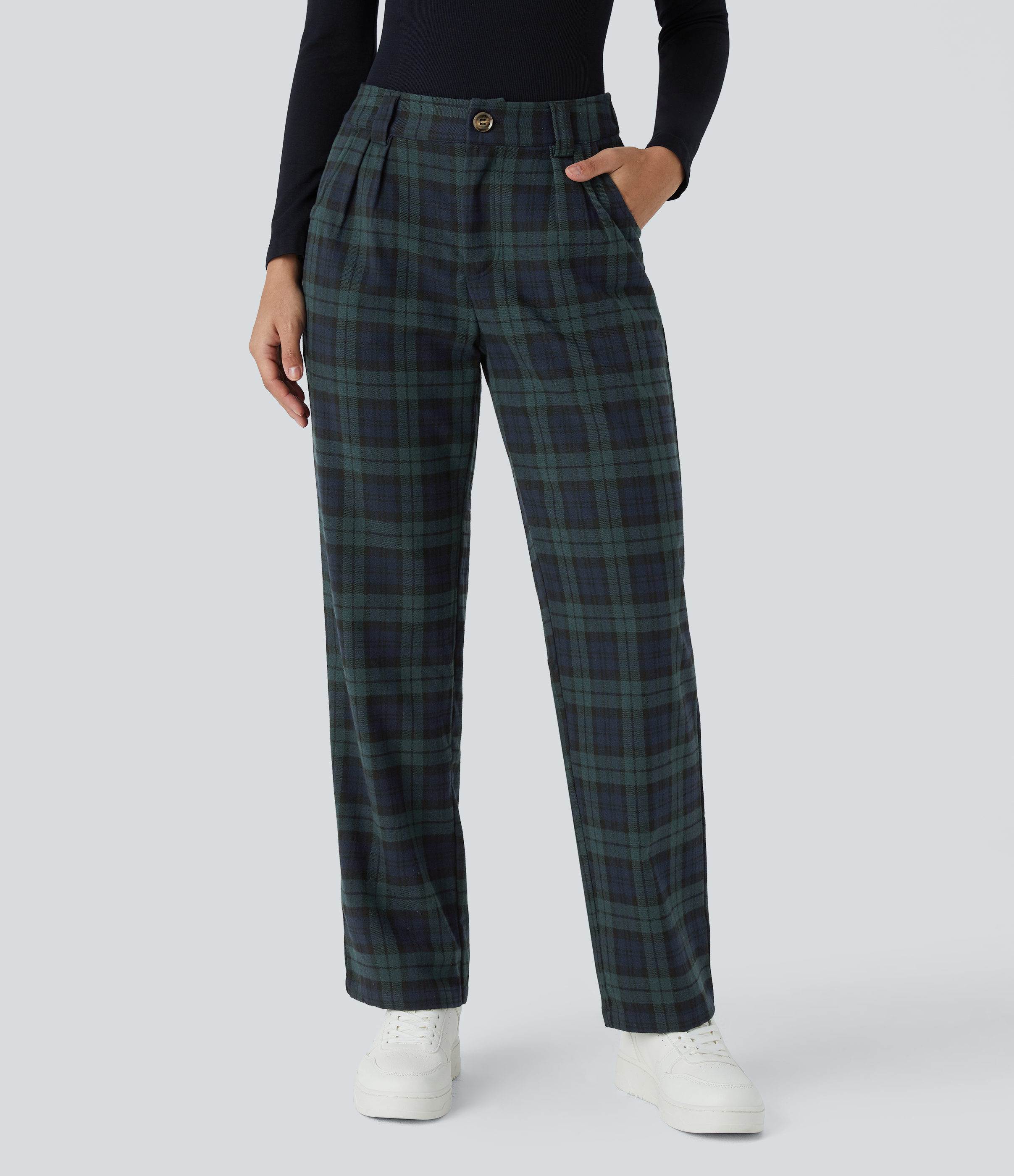 Femmes Pantalon Casual à Carreaux Taille Moyenne Avec Fermeture