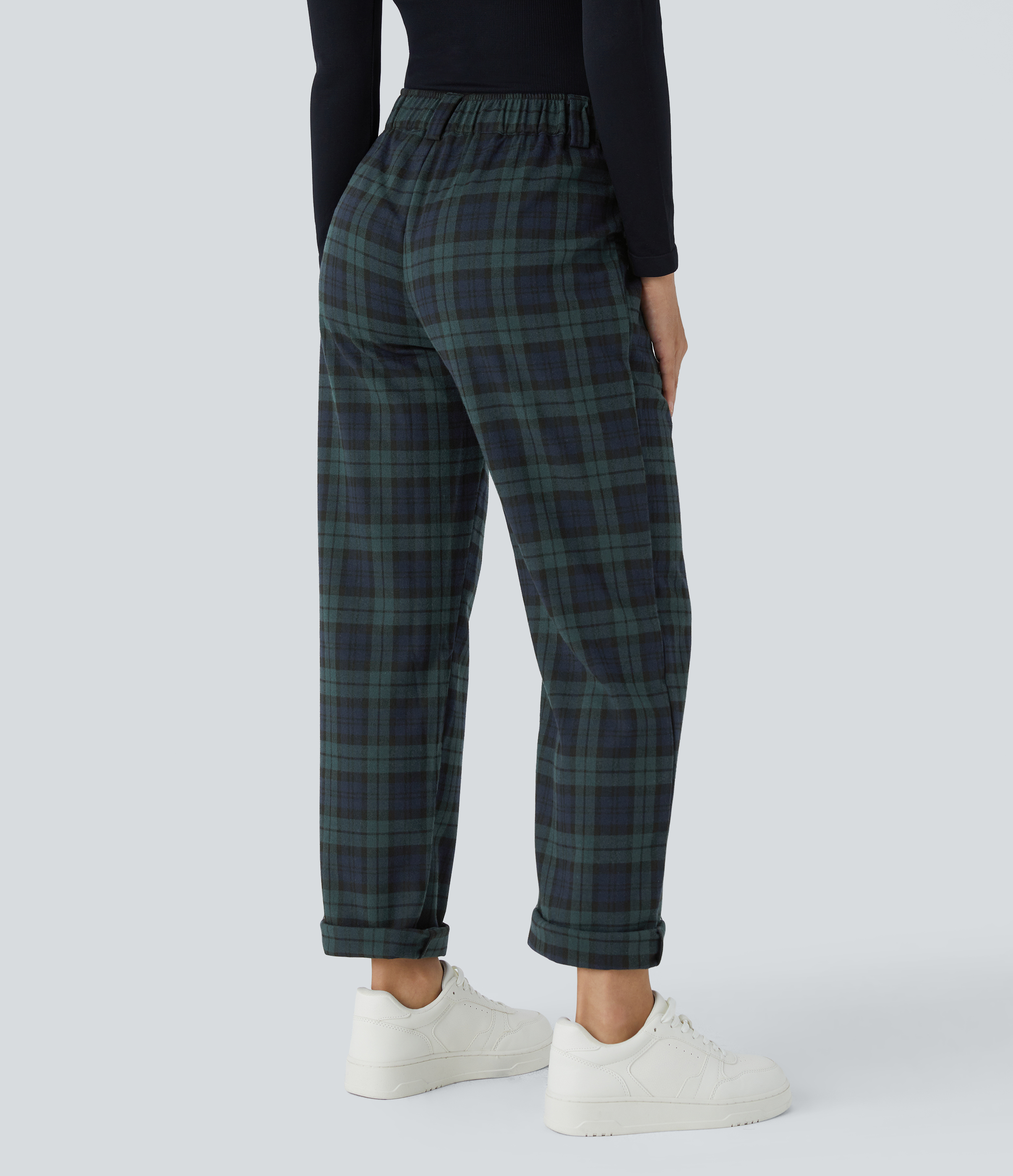 Blue Green Plaid Mittlere Steighöhe Reißverschlusstasche Karierte Gerade Bein Freizeithose / 2