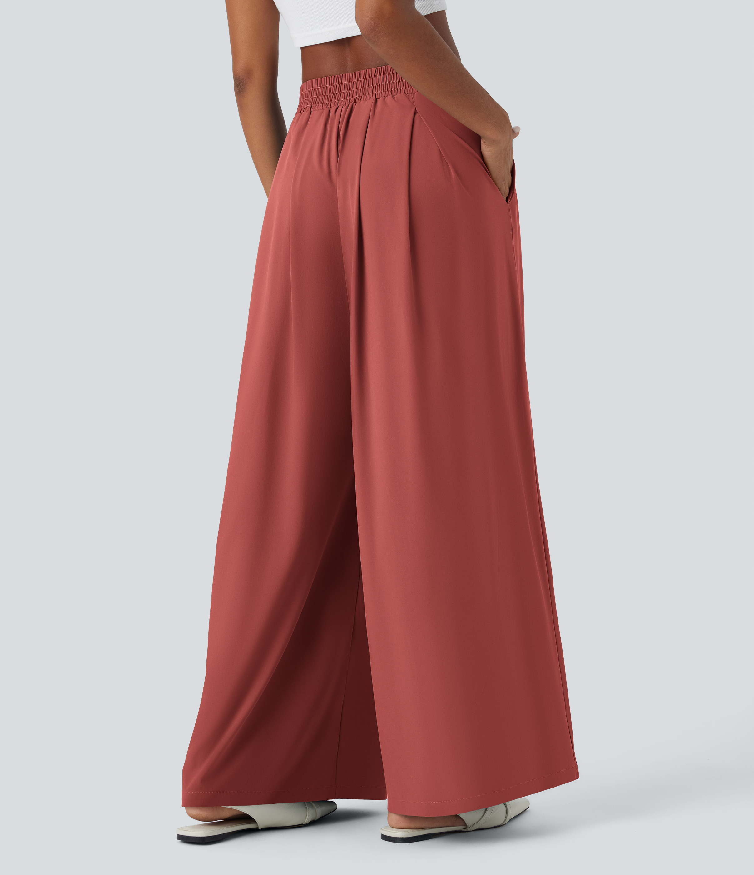 Kapok Red Breezeful™ ハイウエスト プリーツサイドポケット シャーリング ワイドレッグ ゆったり 無地 パラッツォ 速乾 カジュアルパンツ / 2