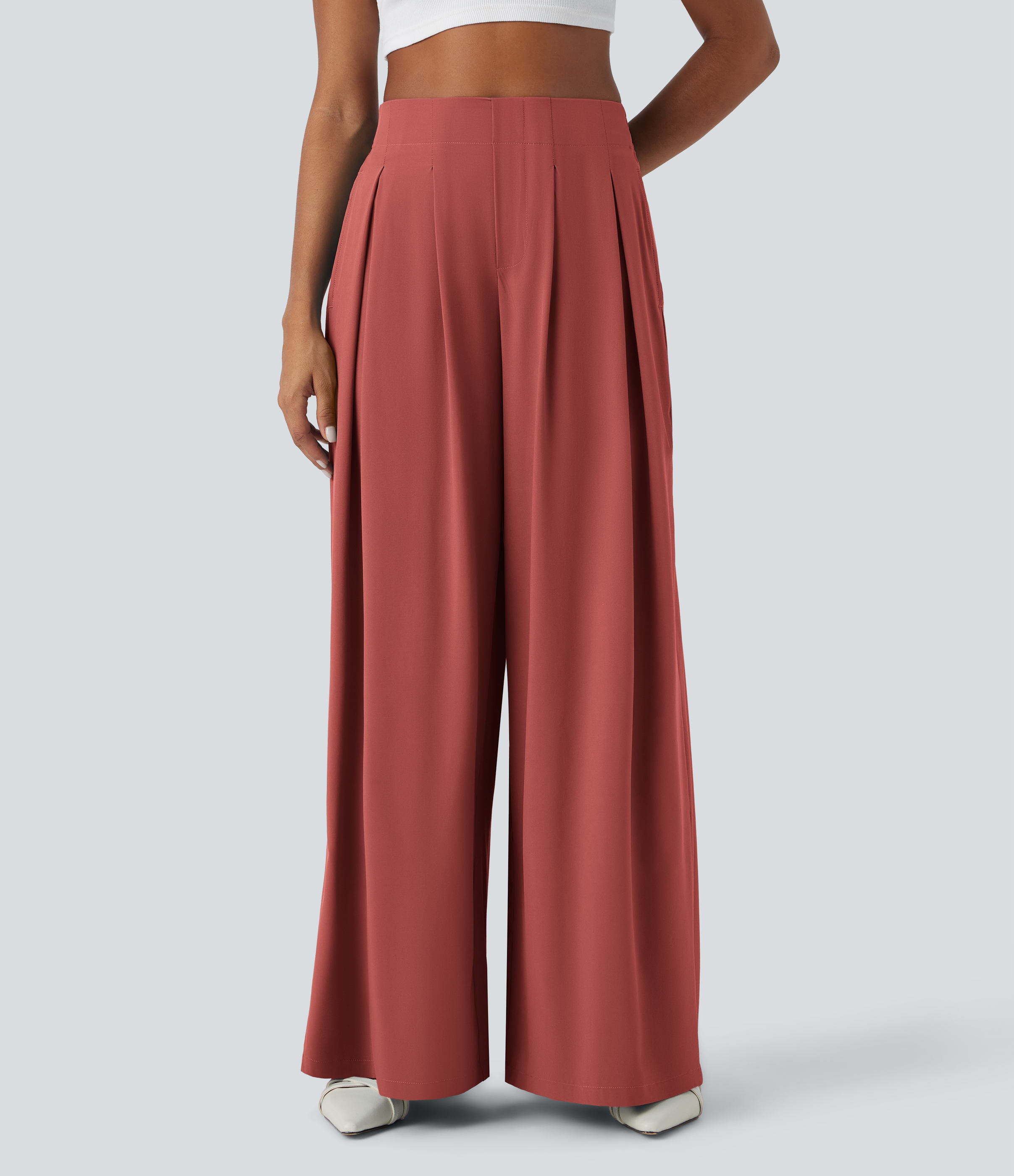 Breezeful™ High-Waisted Pleated Palazzo Pants with Side Pockets, Shirred Wide Legs, Loose Fit, and Quick-Drying Casual Fit
