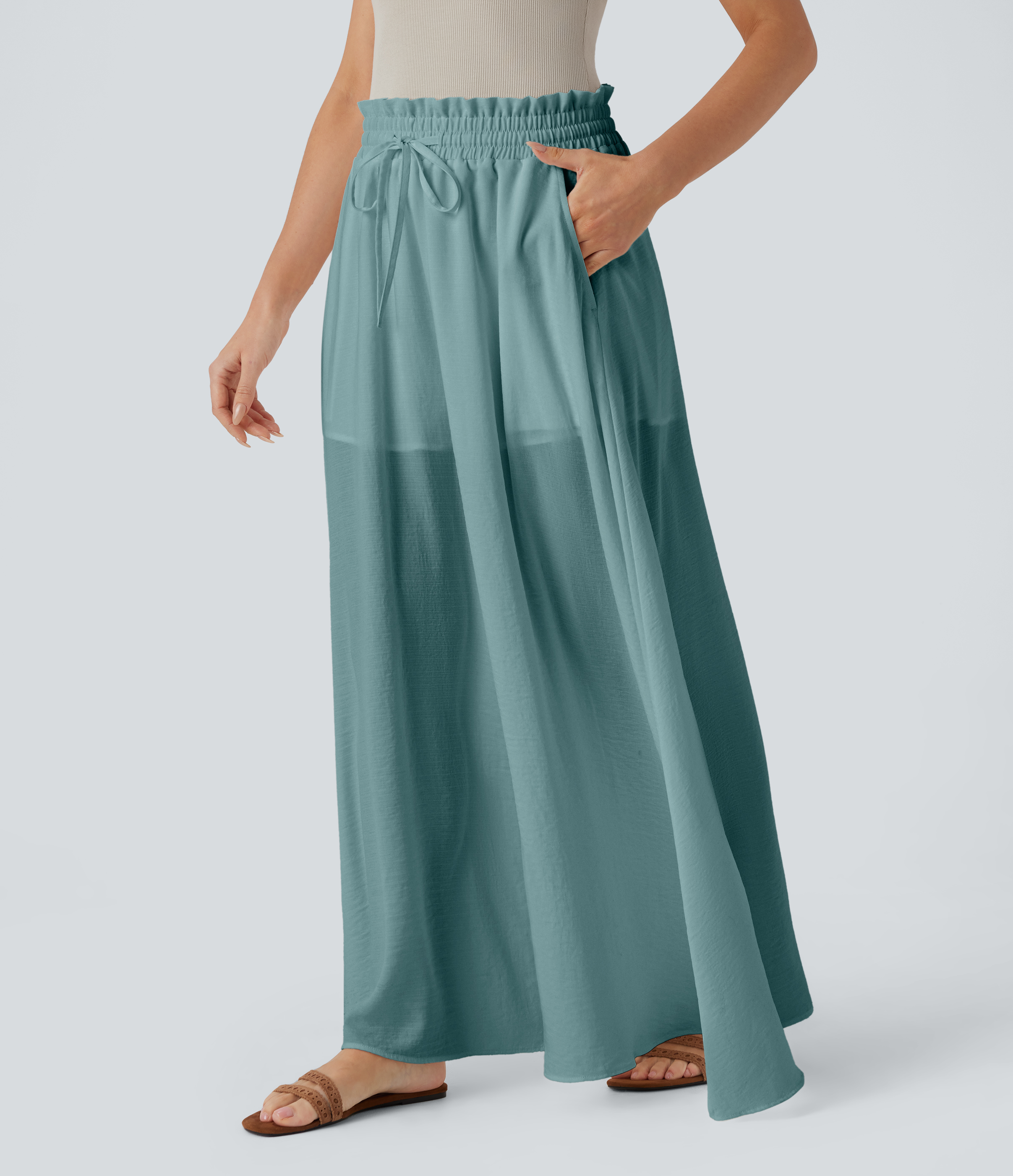 Morning Dew Green Frill Mid High Waisted Drawstring Side Pocket 2-in-1 Wide Leg Flowy Casual Linen-Feel Pants / 2