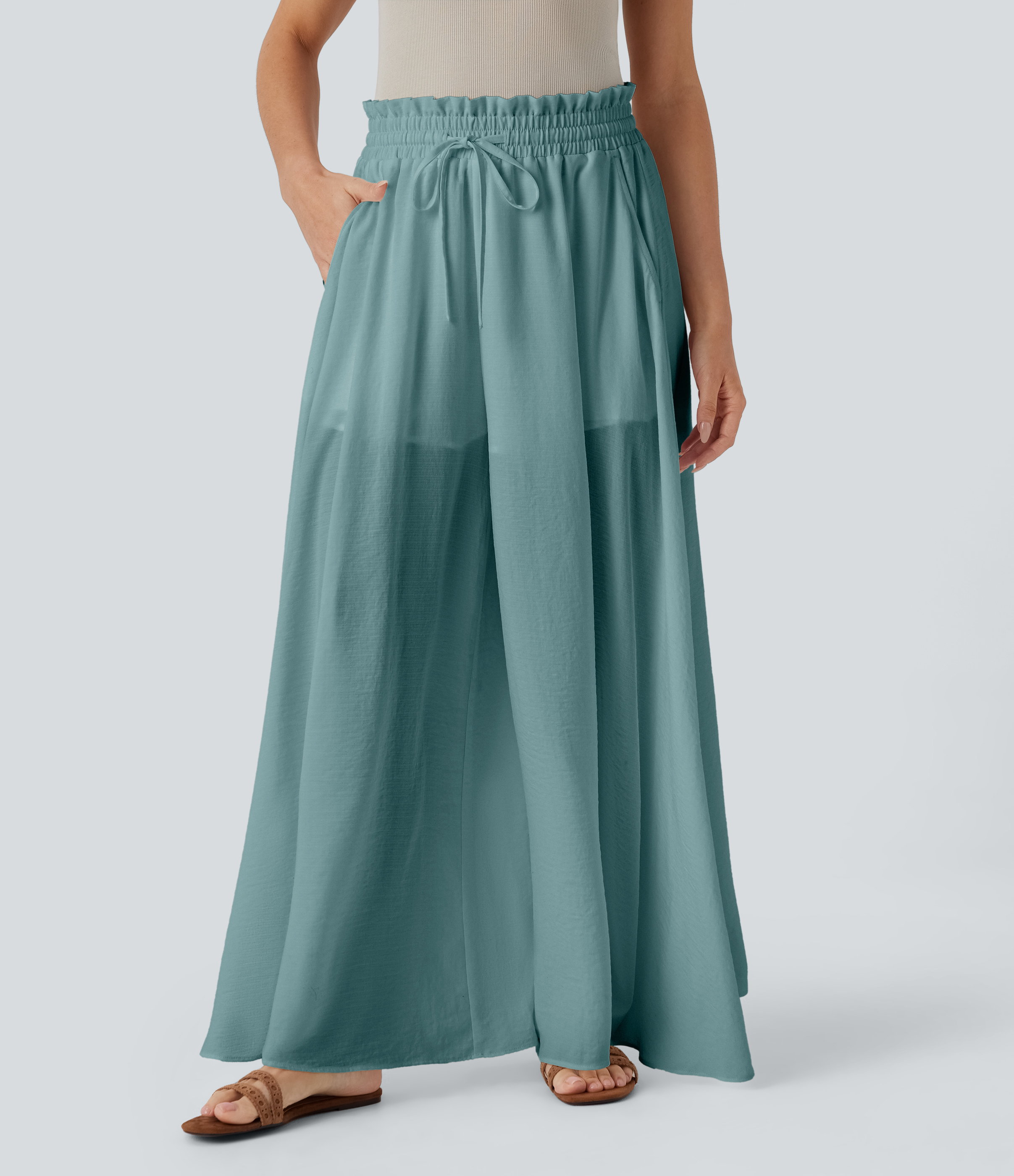 Morning Dew Green Frill Mid High Waisted Drawstring Side Pocket 2-in-1 Wide Leg Flowy Casual Linen-Feel Pants / 1