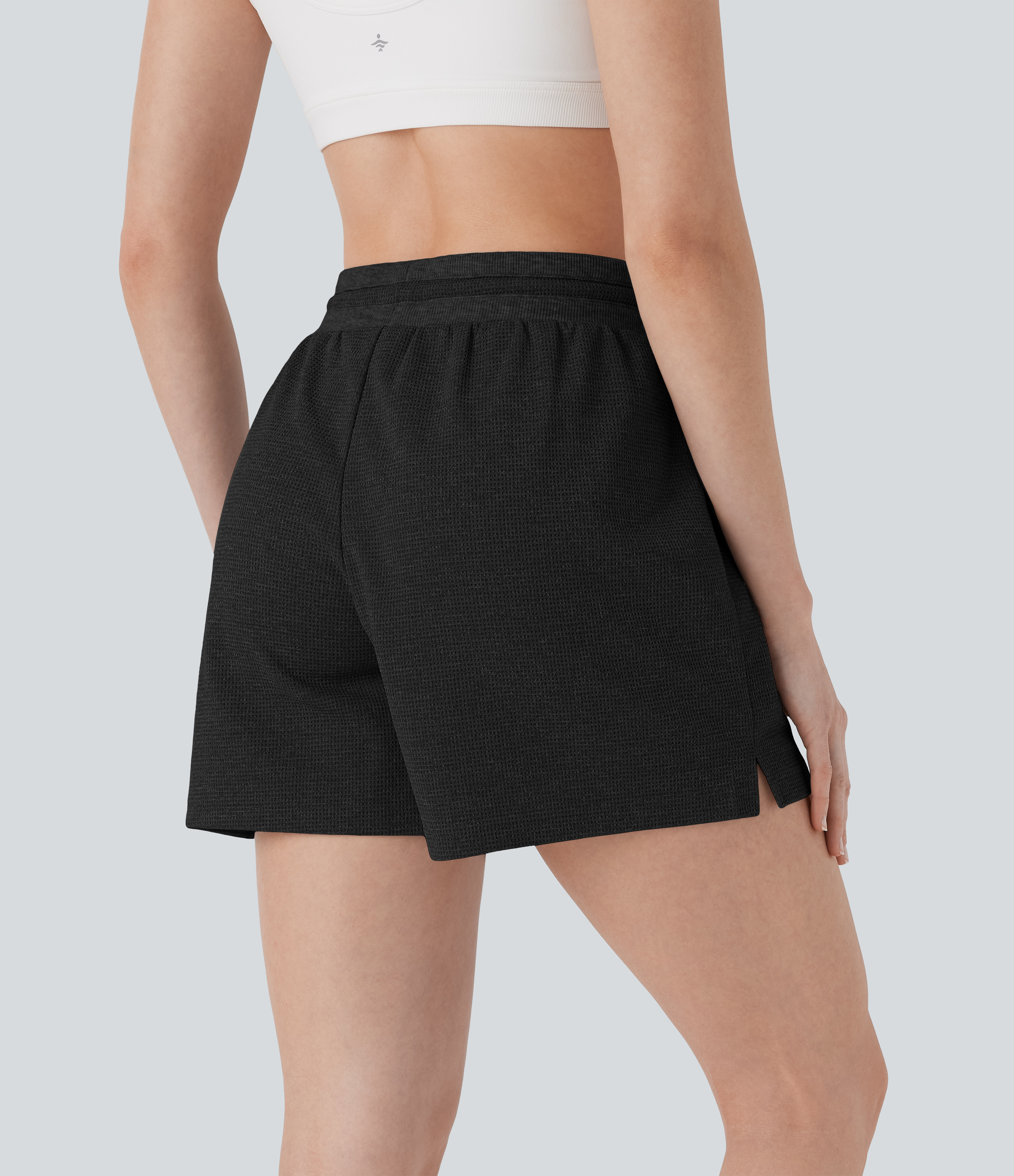 Negro Shorts de yoga de cintura alta con cordón, de tejido gofre y con bolsillos / 2
