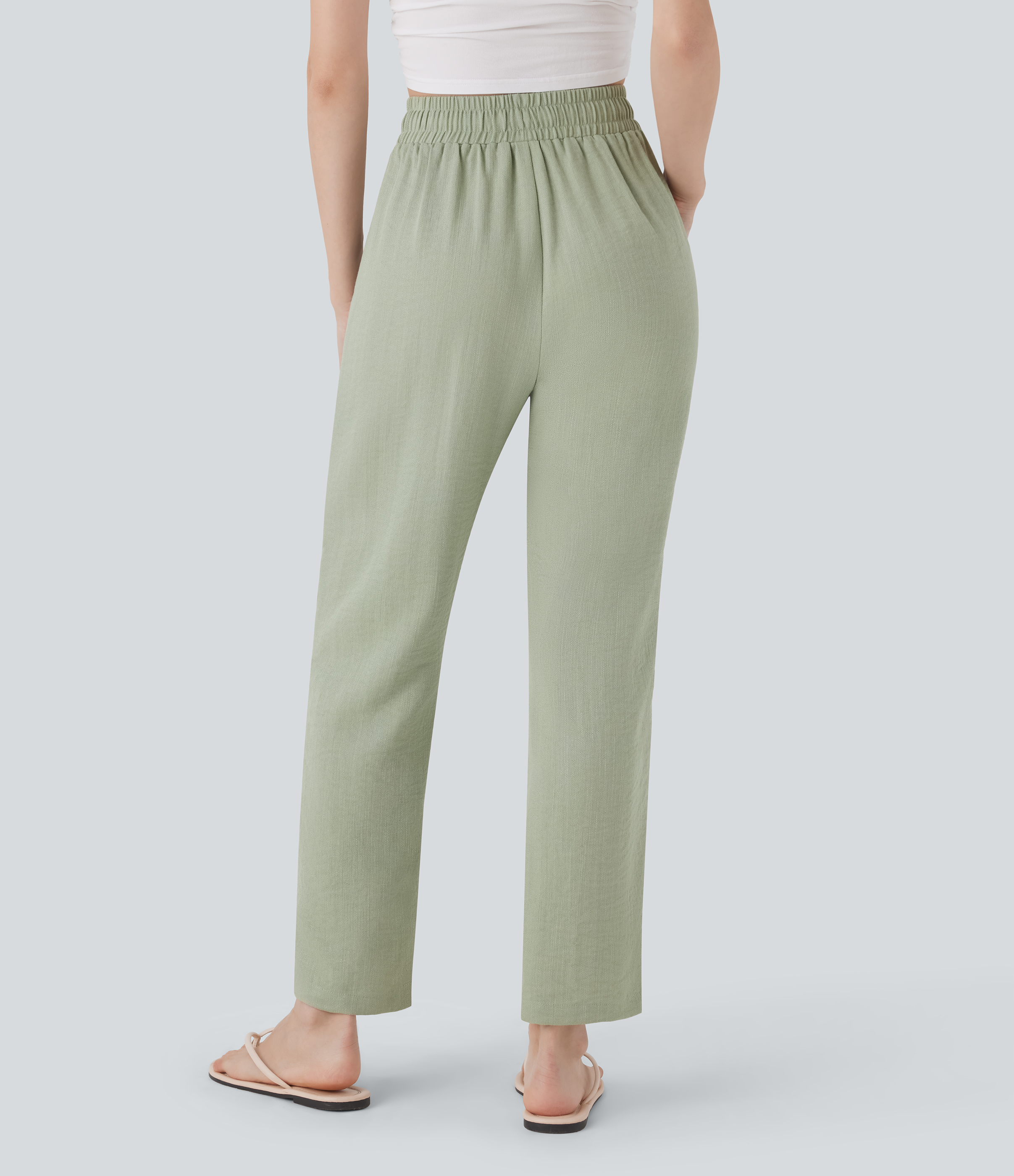 Thin Mint - Seafoam Pantalones casuales de lino de tiro alto con cordón y bolsillos / 2