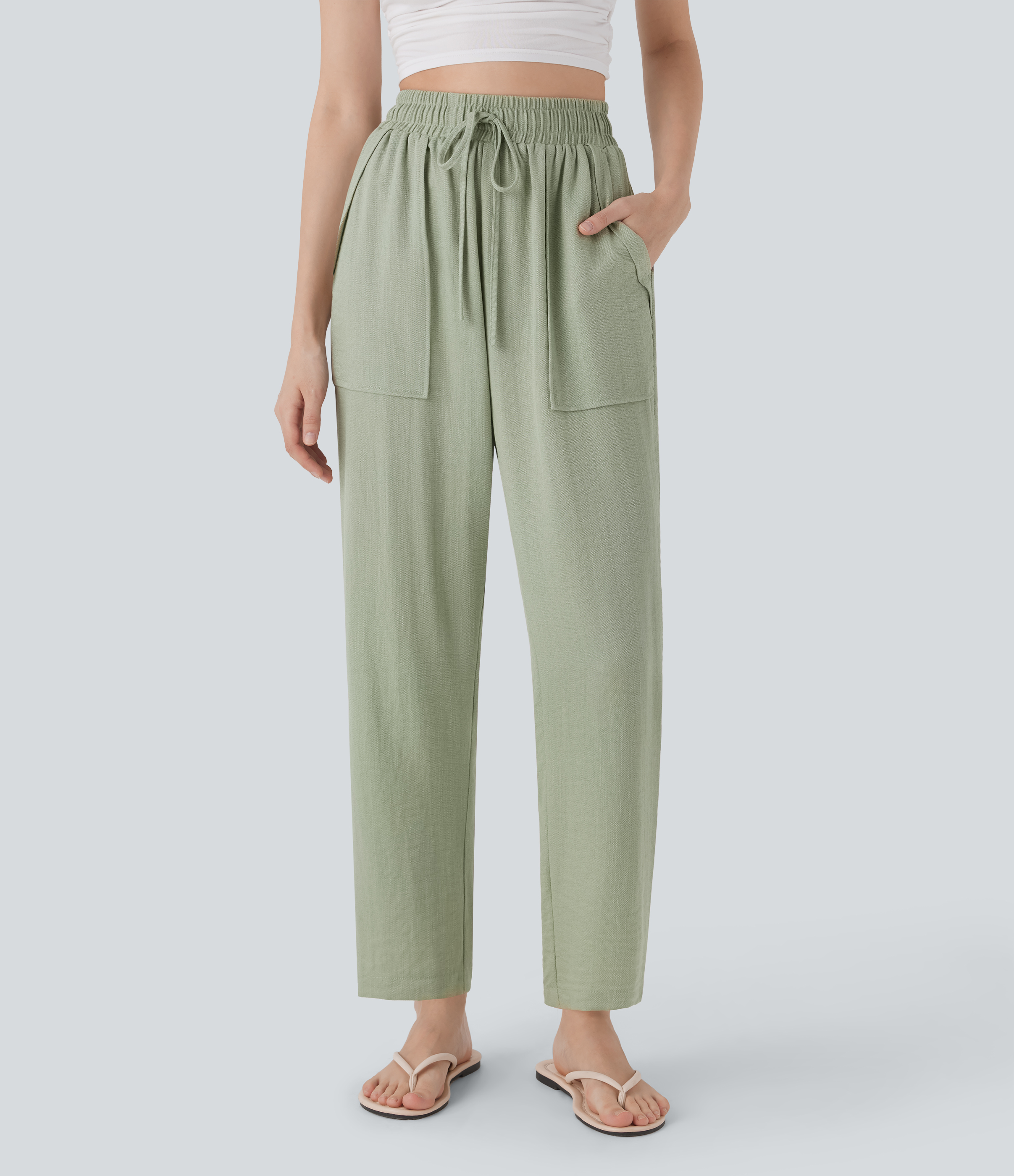 Pantalones casuales de lino de tiro alto con cordón y bolsillos