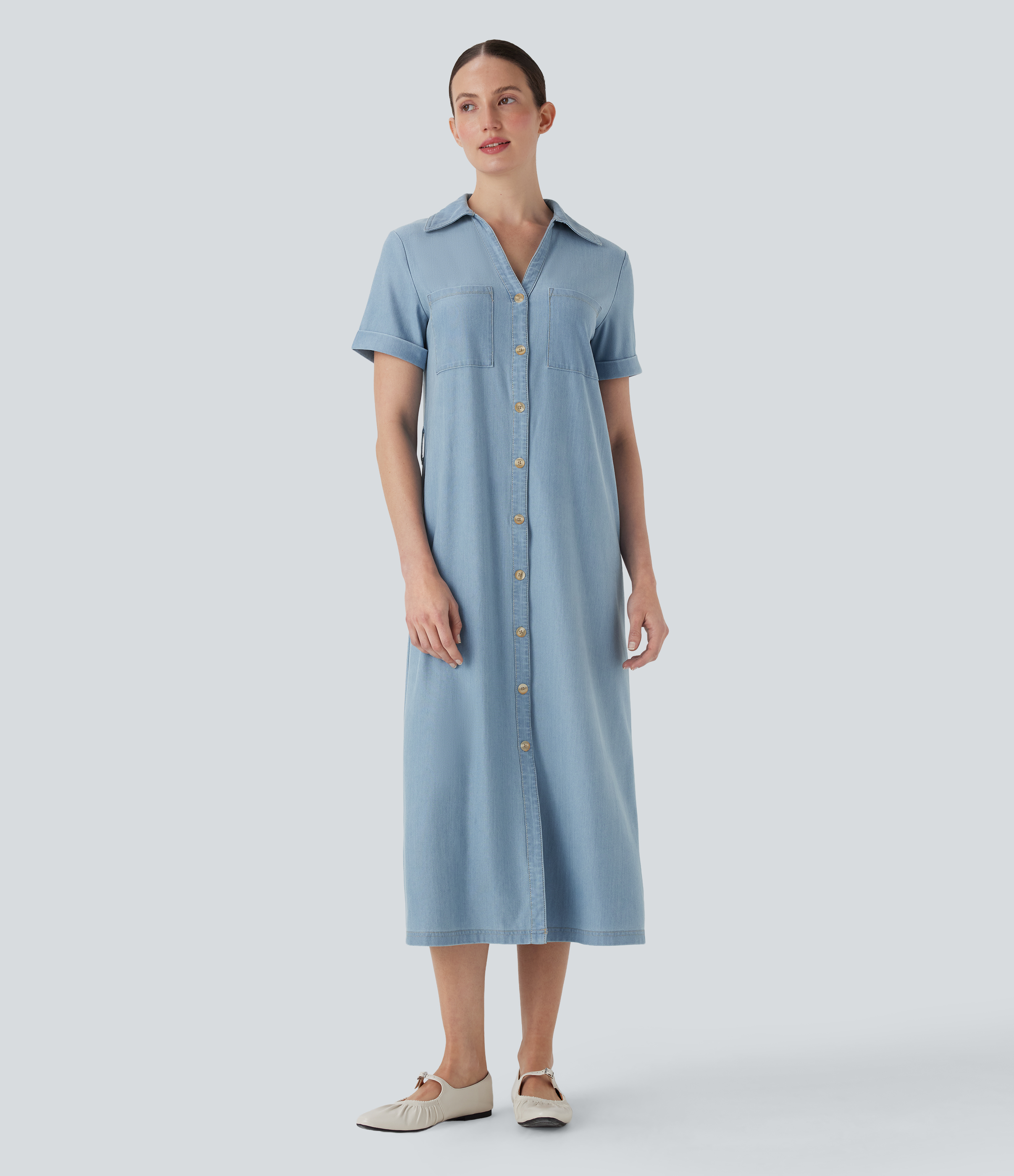 Moonstone Denim Halara Flex™ Kurzarm-Jeans-Midikleid Casual mit Taschen / 2