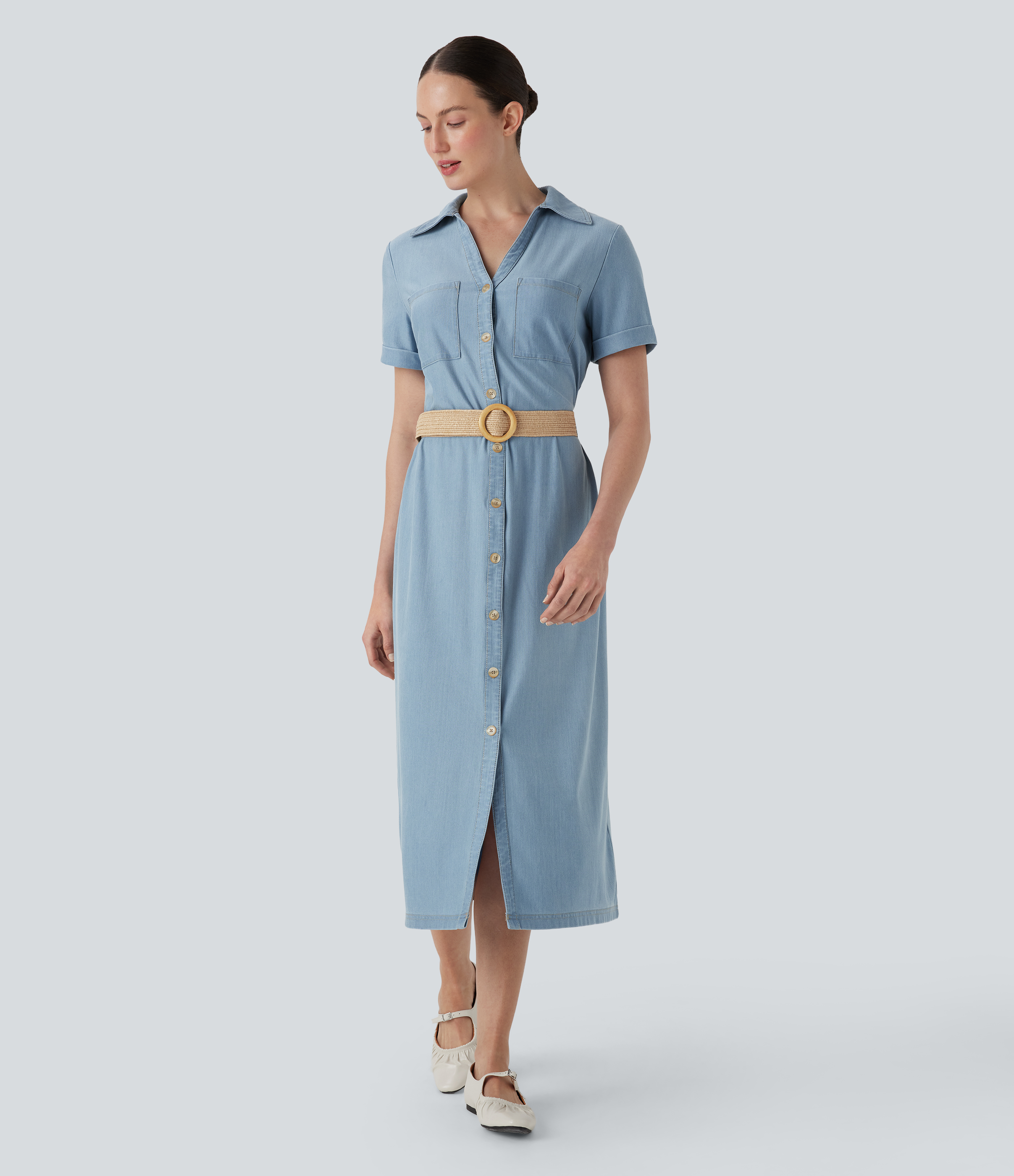 Halara Flex™ - Kurzärmliges Freizeit-Midikleid aus elastischem Strick-Denim mit Kragen, Knopfleiste und Brusttaschen