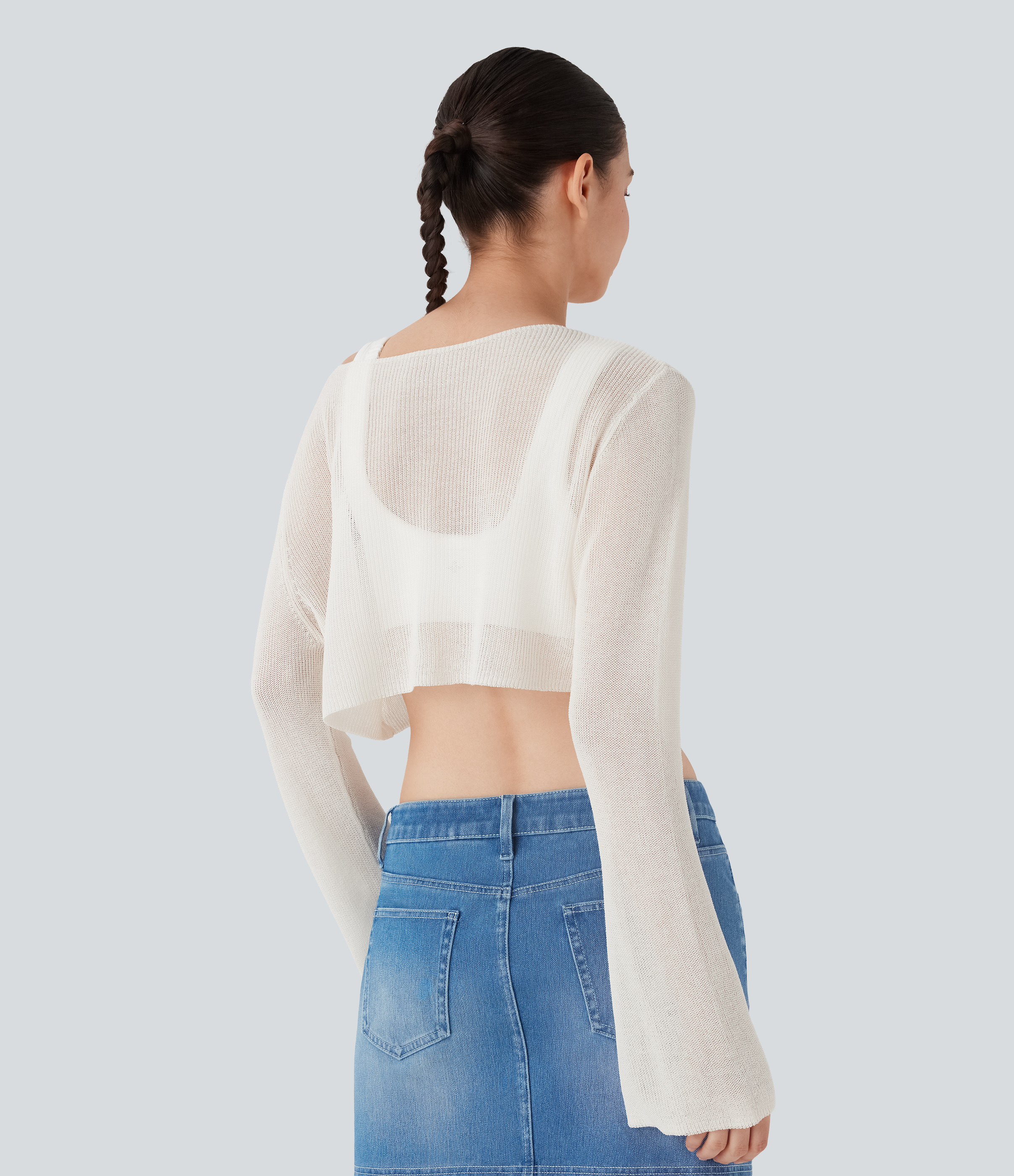 Blanc Pull court décontracté en maille transparente à col rond avec manches à volants / 2