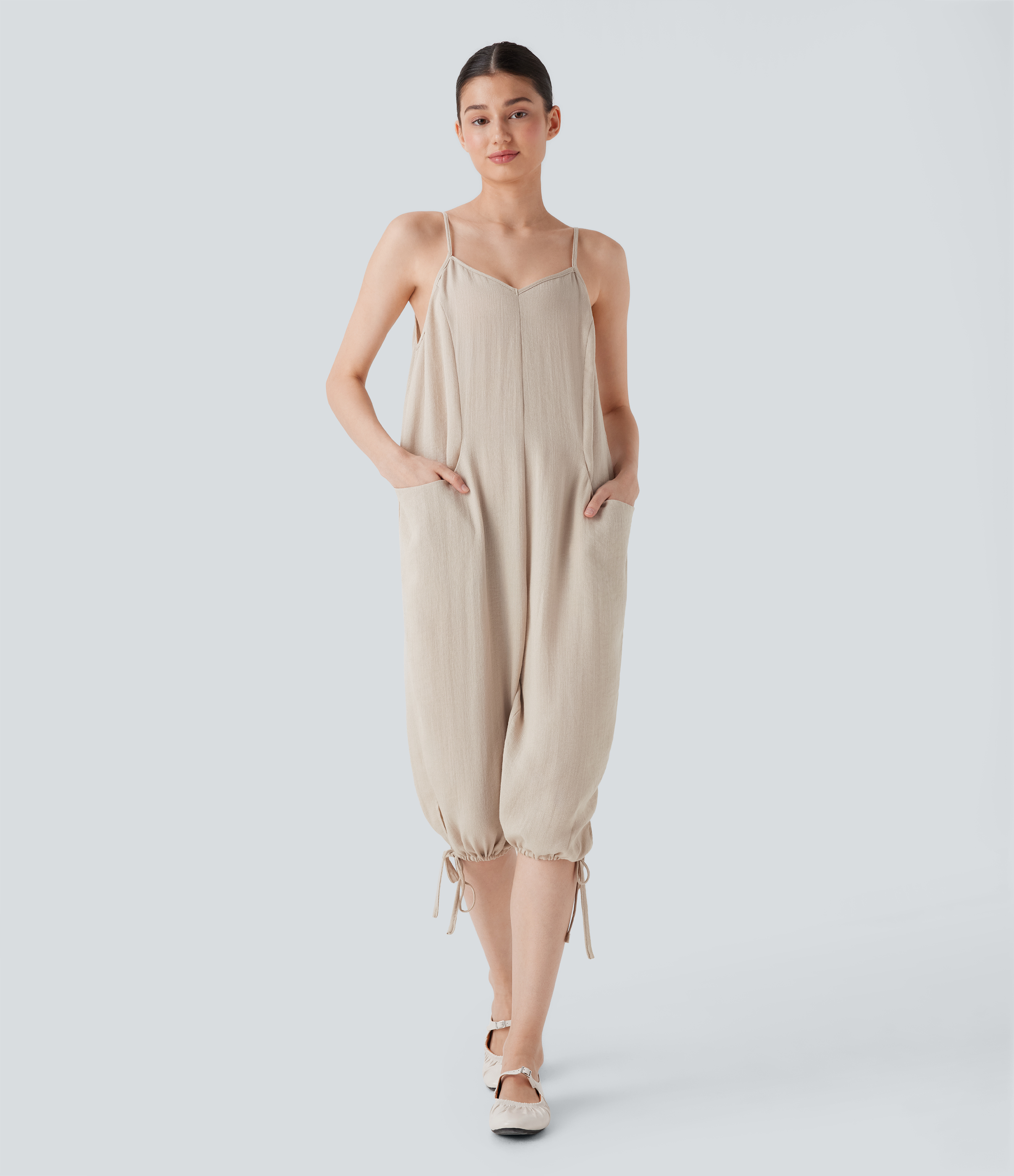 Drawstring Hem Linen-Feel Casual Jumpsuit with Pockets
