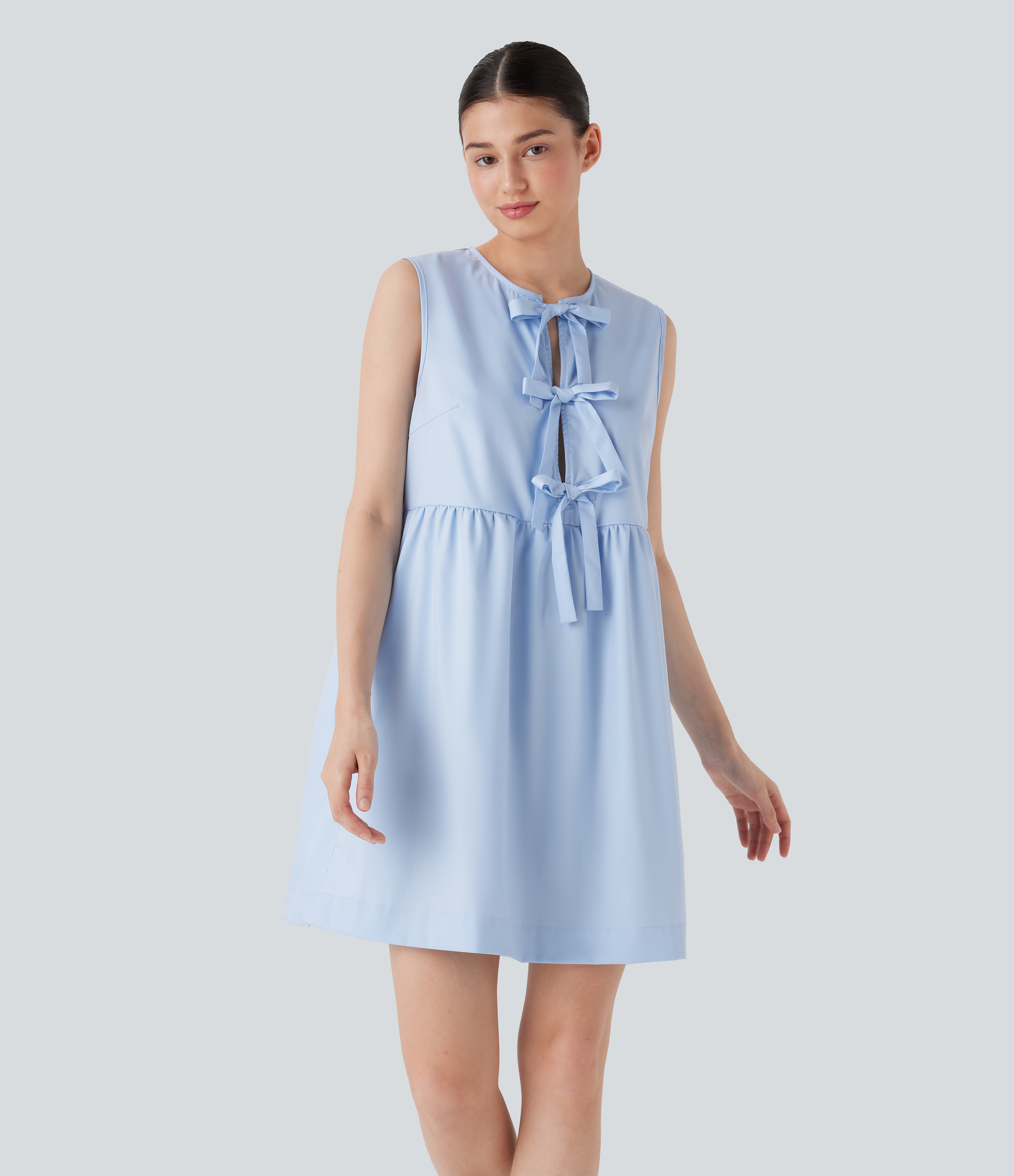 Wathet Blue Vestido mini casual sin mangas con lazo en la parte delantera / 1