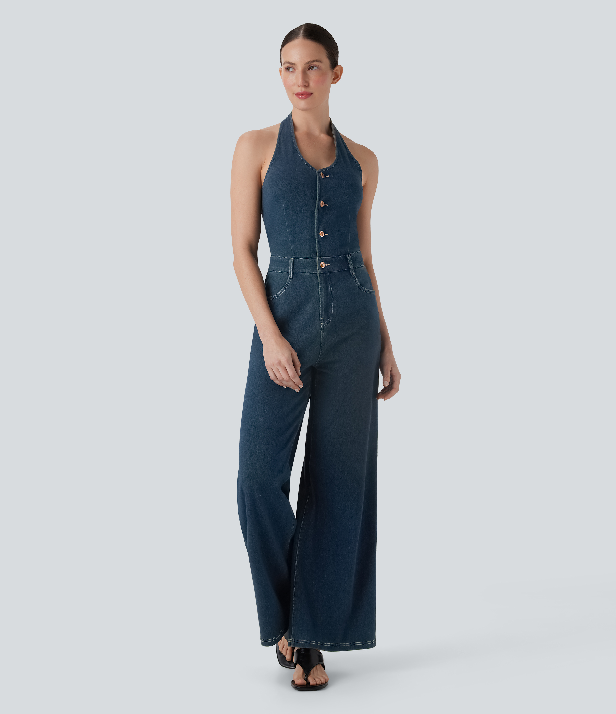Halara Flex™ - Rückenfreier Overall aus elastischem Strick-Denim mit mehreren Taschen und weitem Bein