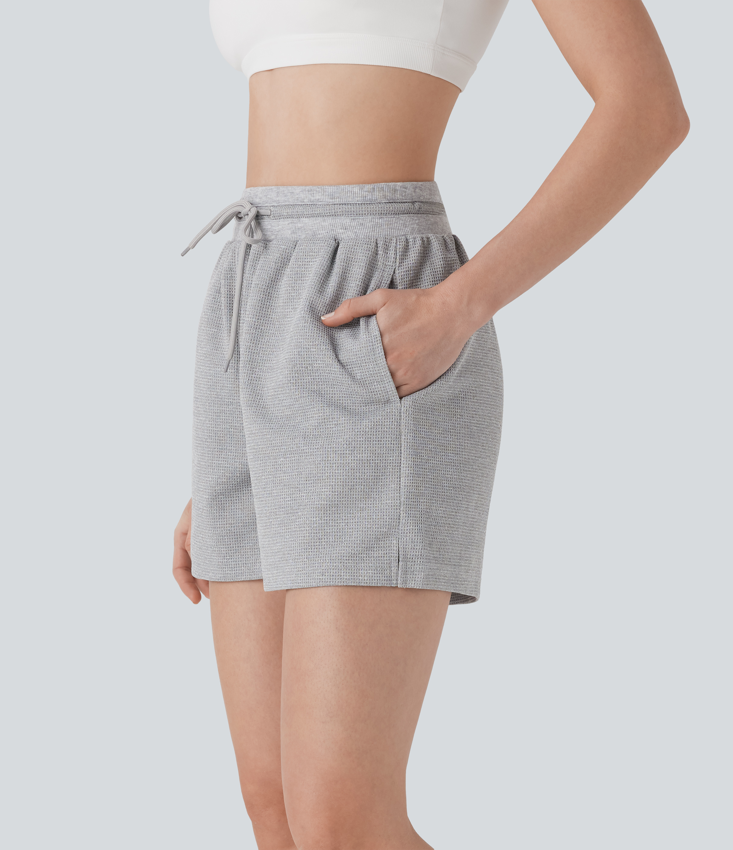 High Waisted Drawstring Waffle Yoga Sweat Shorts with Pockets